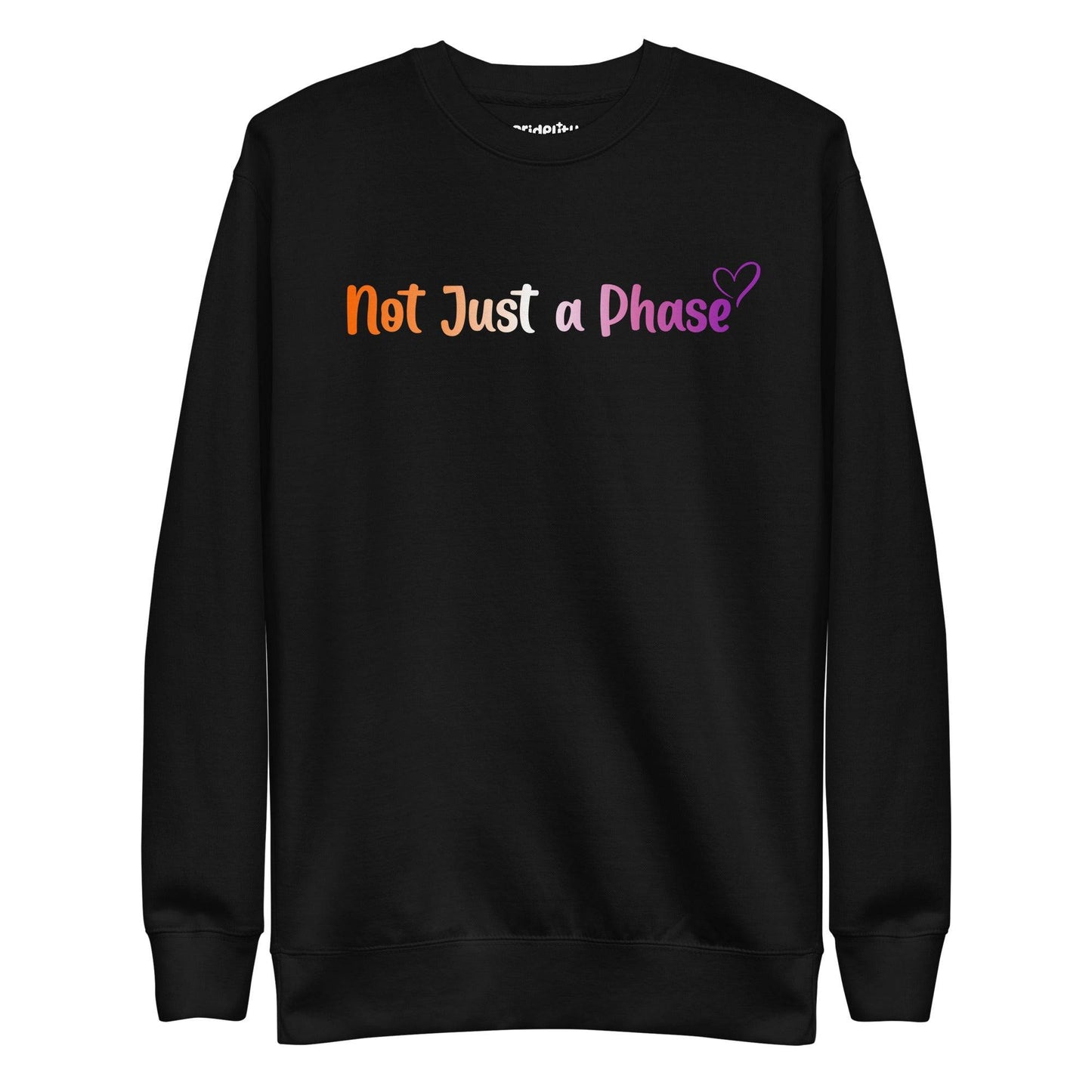 The black Not Just A Phase Sweatshirt by Pridelity, featuring rainbow text that reads "Not Just a Phase" and accented with a small purple heart on the right side, is a standout piece in any pride outfit.