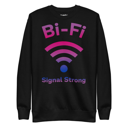 The Bi-Fi Sweatshirt by Pridelity showcases the words "Bi-Fi" in bold gradient pink and purple letters above a Wi-Fi symbol to celebrate Pride. Beneath the symbol, the phrase "Signal Strong" is prominently displayed in blue text, making it an ideal piece for any Pride merchandise collection.