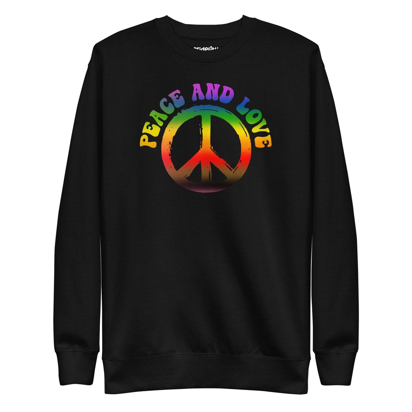 This Pridelity "Peace & Love" Sweatshirt in white showcases a vibrant rainbow "Peace and Love" text over a large peace symbol with gradient colors.