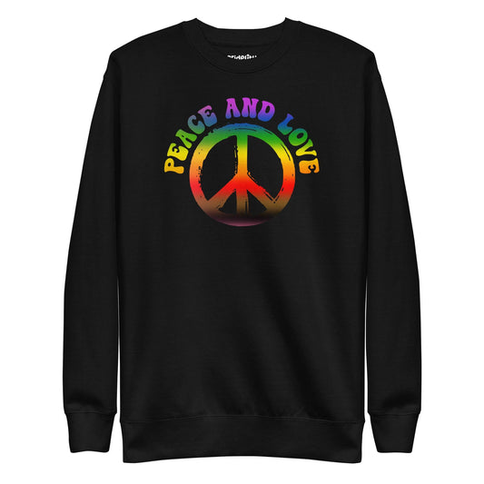 This Pridelity "Peace & Love" Sweatshirt in white showcases a vibrant rainbow "Peace and Love" text over a large peace symbol with gradient colors.