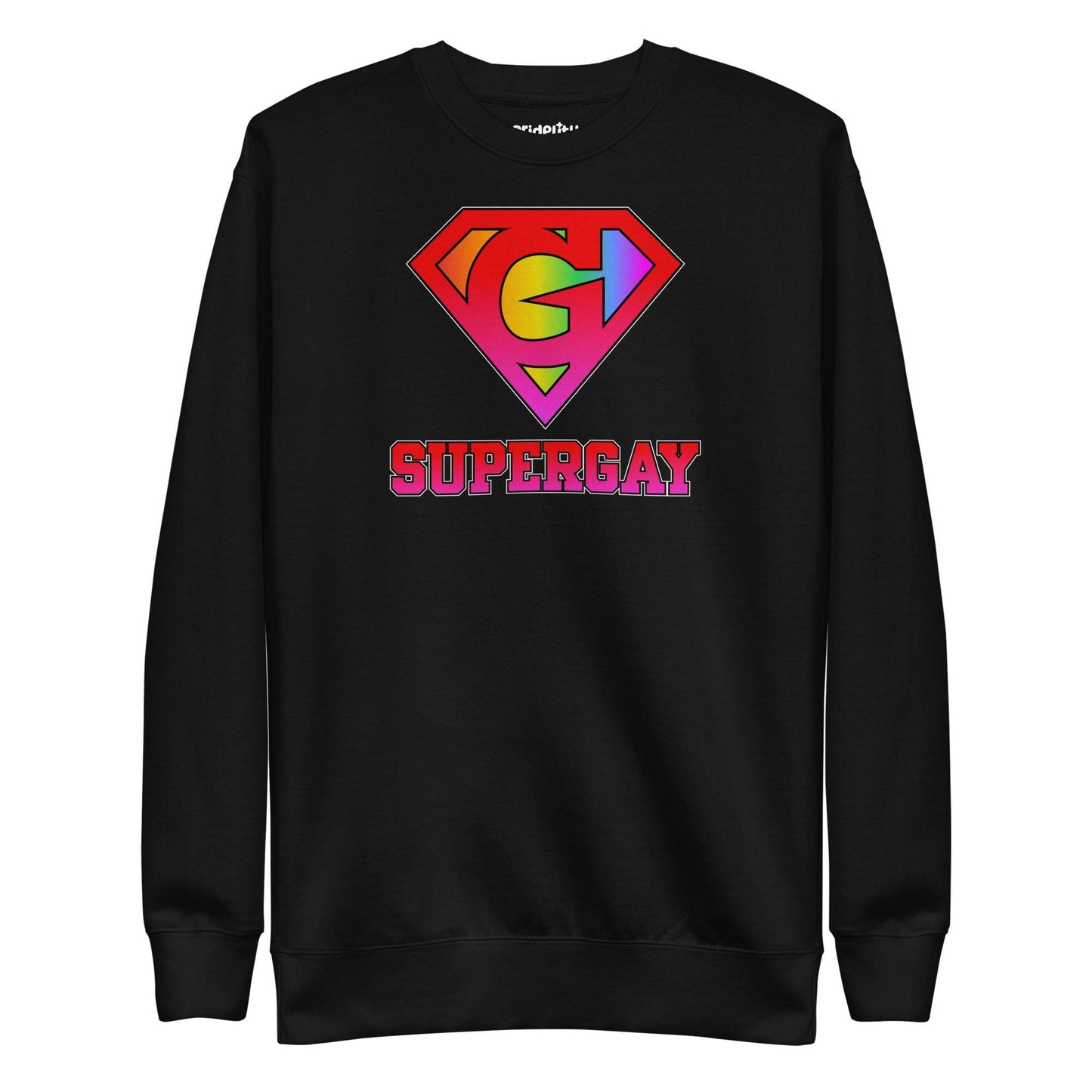 Introducing the Supergay Sweatshirt from Pridelity: a dusty rose sweatshirt featuring a stylized rainbow "S" emblem and a bold "SUPERGAY" print, perfect for adding to your pride collection.