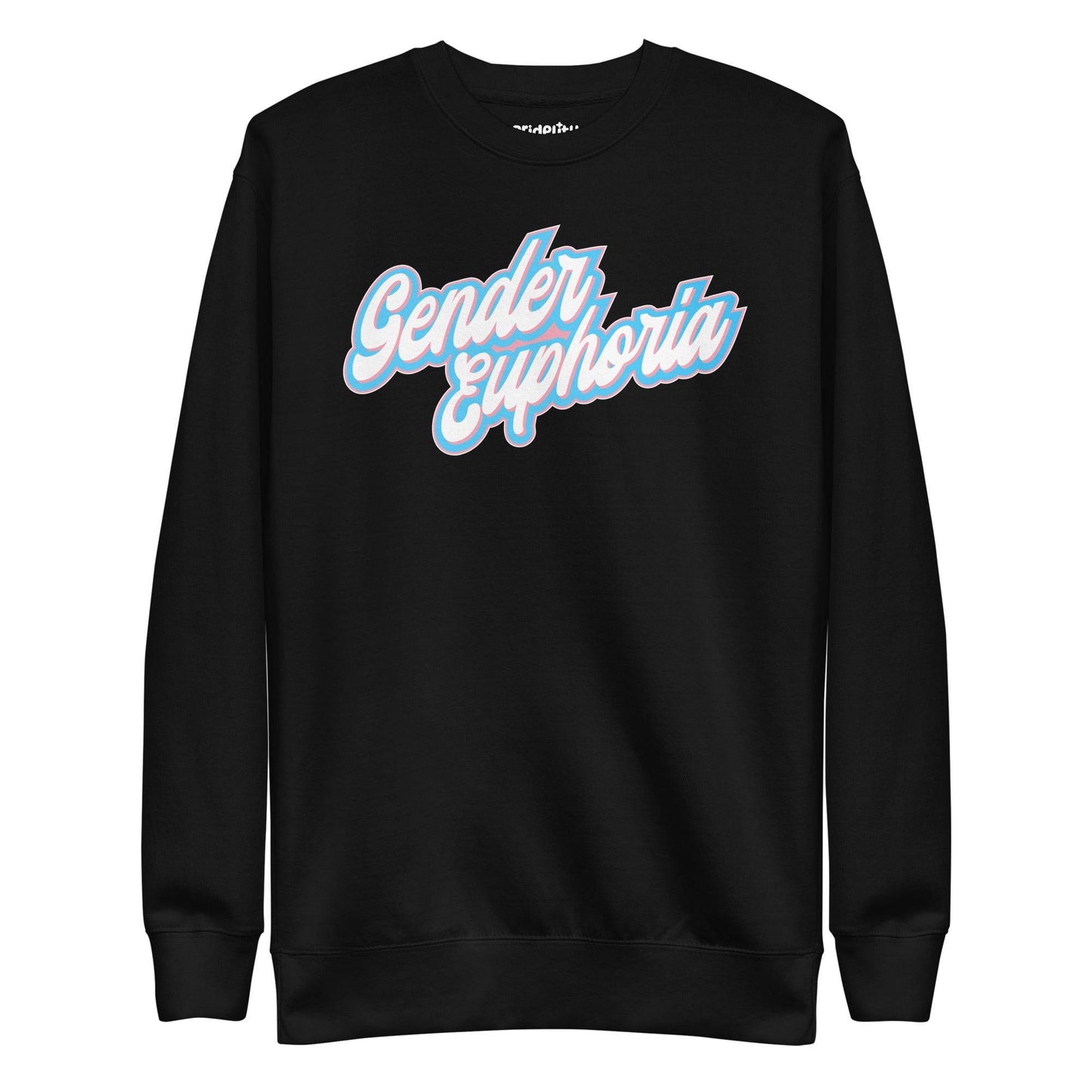 Introducing the Gender Euphoria Sweatshirt by Pridelity, offering a white backdrop adorned with "Gender Euphoria" in bold pastel pink and blue script on the front. This design embraces a casual and uplifting tone, celebrating identity with its cheerful colors.