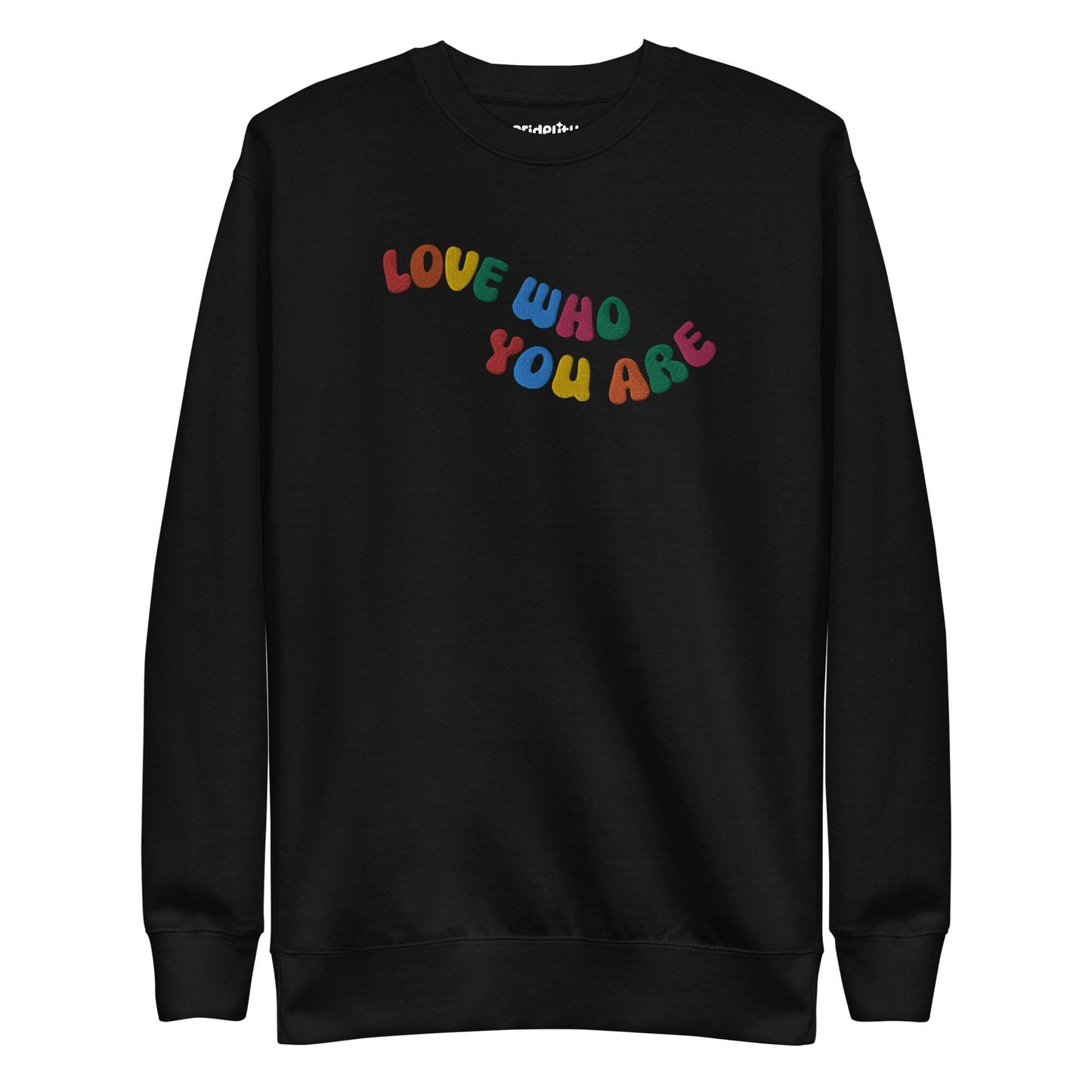 A black sweatshirt, neatly folded, prominently features the "LOVE WHO YOU ARE" message in bold, vibrant letters reminiscent of rainbow attire, with the brand name "Pridelity" elegantly displayed at the top.