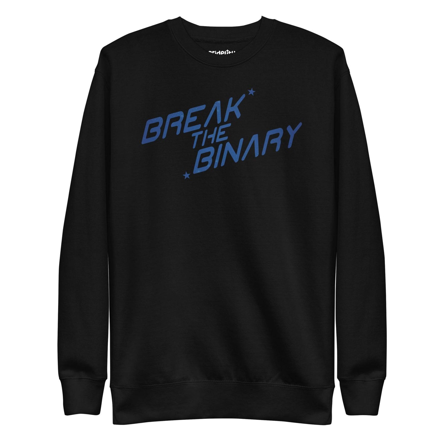 White "Break The Binary" sweatshirt by Pridelity from the Pride Collection, displaying the phrase in stylized light blue text with small stars, centered on the chest.