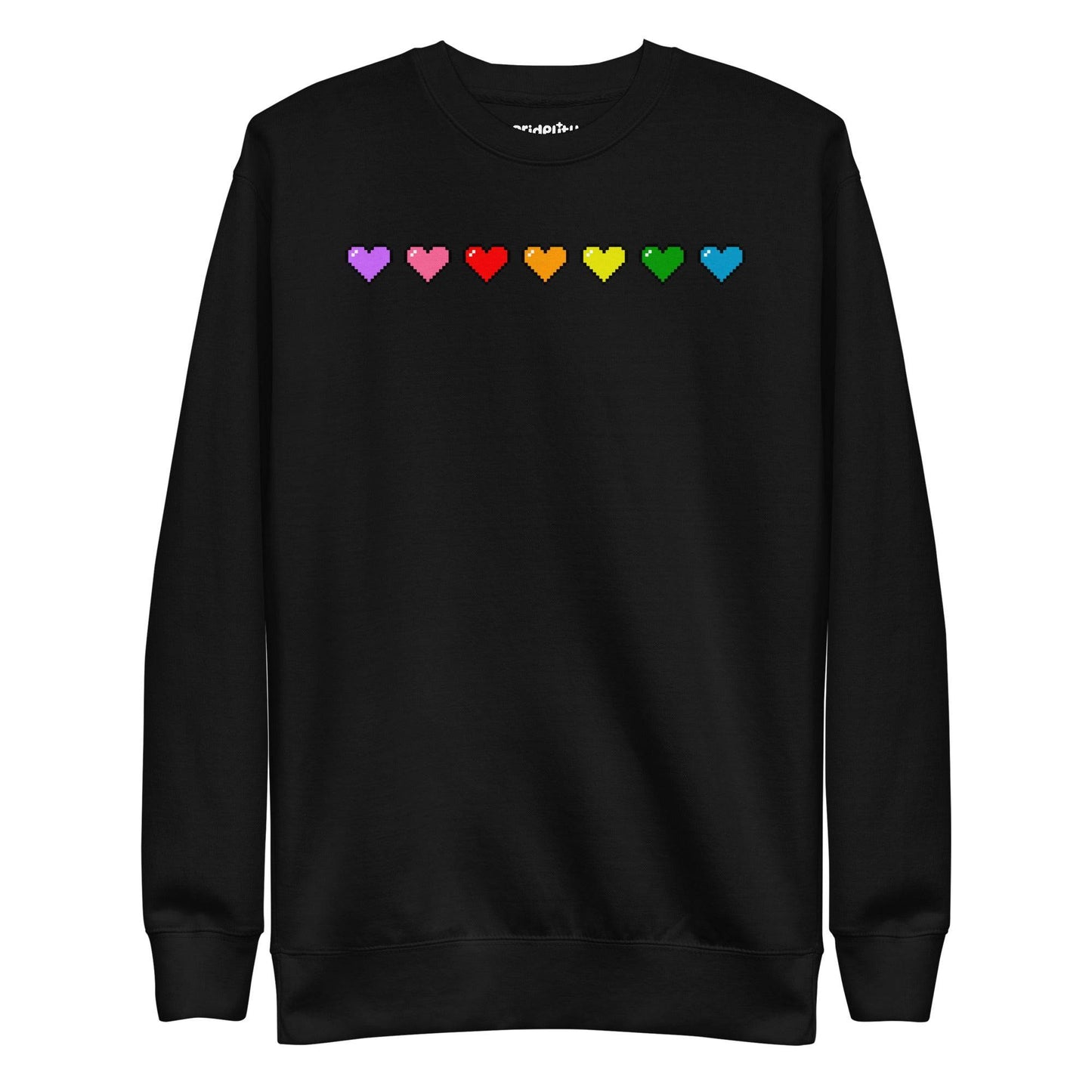The Pixel Hearts Sweatshirt by Pridelity showcases a series of eight pixelated hearts in lively pride hues—purple, pink, red, orange, yellow, green, blue, and teal—across the chest on a carbon grey backdrop.
