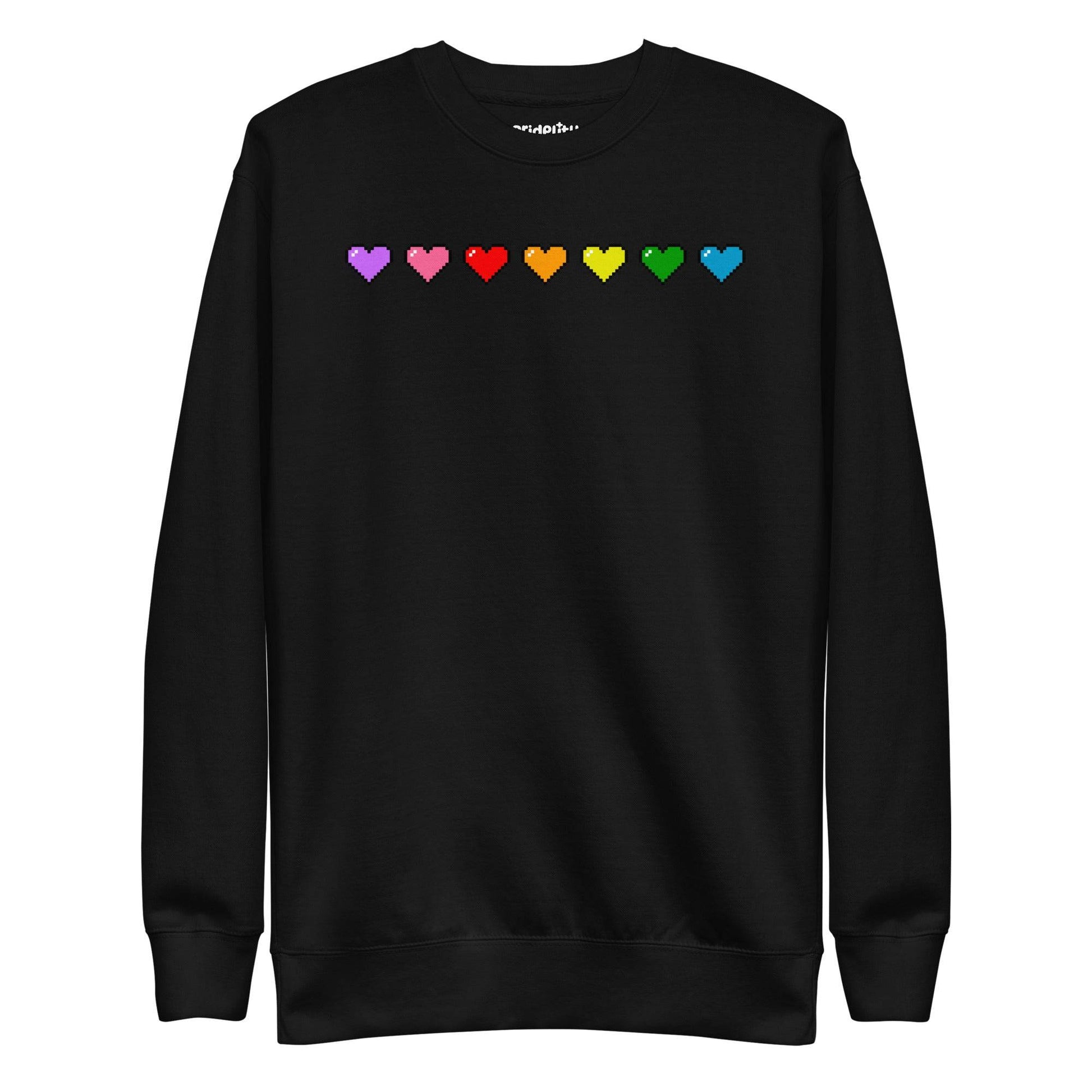 The Pixel Hearts Sweatshirt by Pridelity showcases a series of eight pixelated hearts in lively pride hues—purple, pink, red, orange, yellow, green, blue, and teal—across the chest on a carbon grey backdrop.