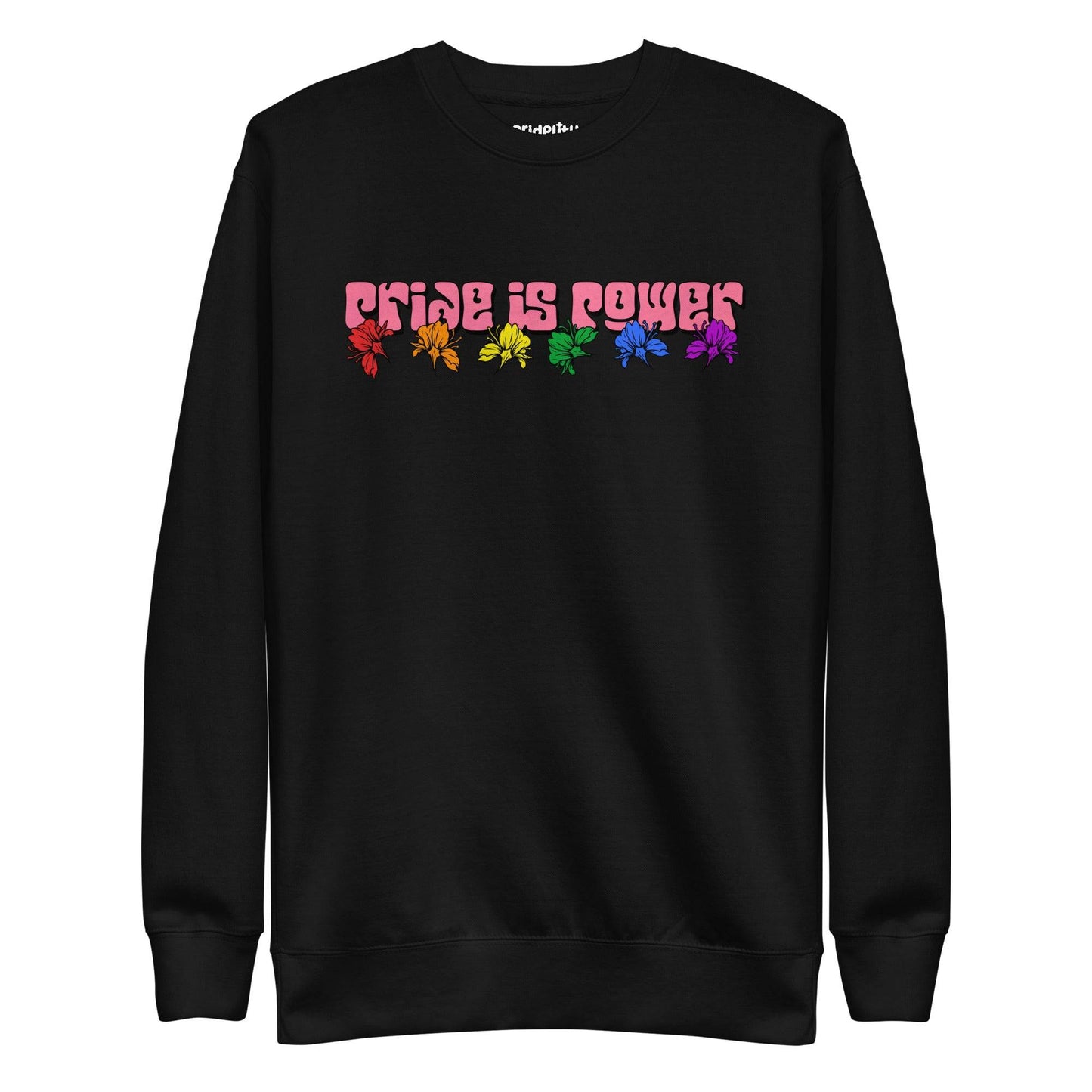 Introducing the "Pride Is Power Sweatshirt" by Pridelity, a black sweatshirt that features the phrase "PRIDE IS POWER" in eye-catching gradient letters. Below, six rainbow-colored butterflies symbolize diversity and pride, making it a standout piece from our pride collection.