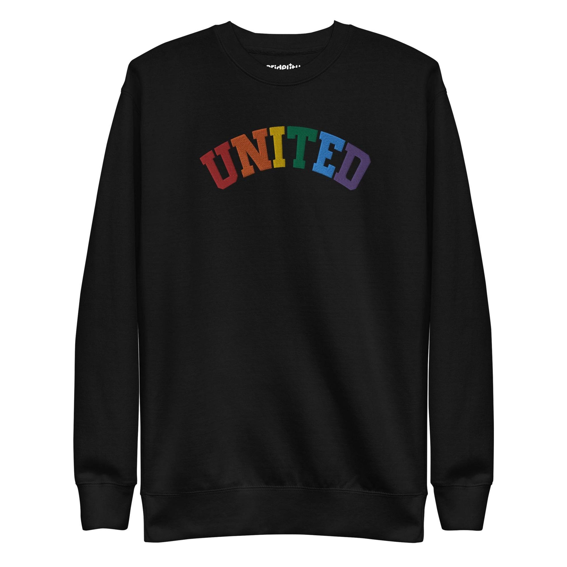 The United Sweatshirt from Pridelity's pride collection is a black design showcasing the word "UNITED" arced across the chest, with each letter in a different color to form a vibrant rainbow pattern. It features long sleeves and a crew neck, making it an ideal pride outfit for any occasion.