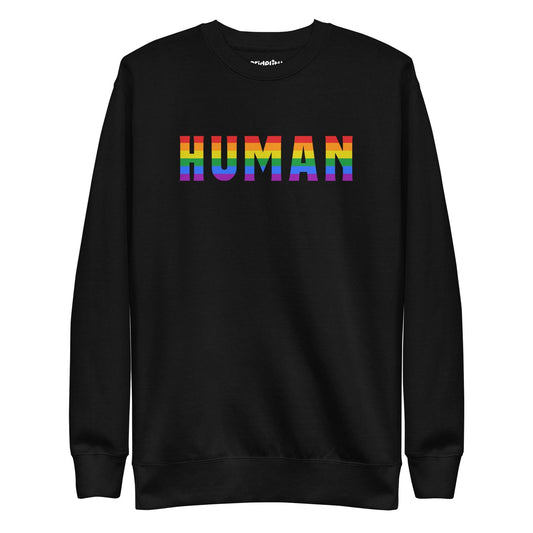 The Pridelity Human Sweatshirt features the word "HUMAN" in bold, rainbow-colored letters across its black fabric, embodying the essence of rainbow clothing against a plain white backdrop.