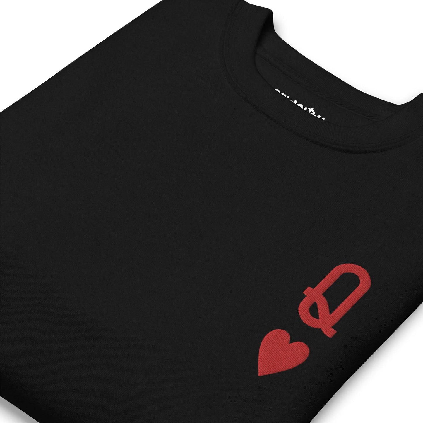Introducing the Queen of Hearts Sweatshirt by Pridelity: This black sweatshirt is part of our pride collection and showcases a small red Queen of Hearts symbol on the upper left chest. The design, featuring a "Q" above a heart, offers a subtle yet bold addition to your pride ensemble.