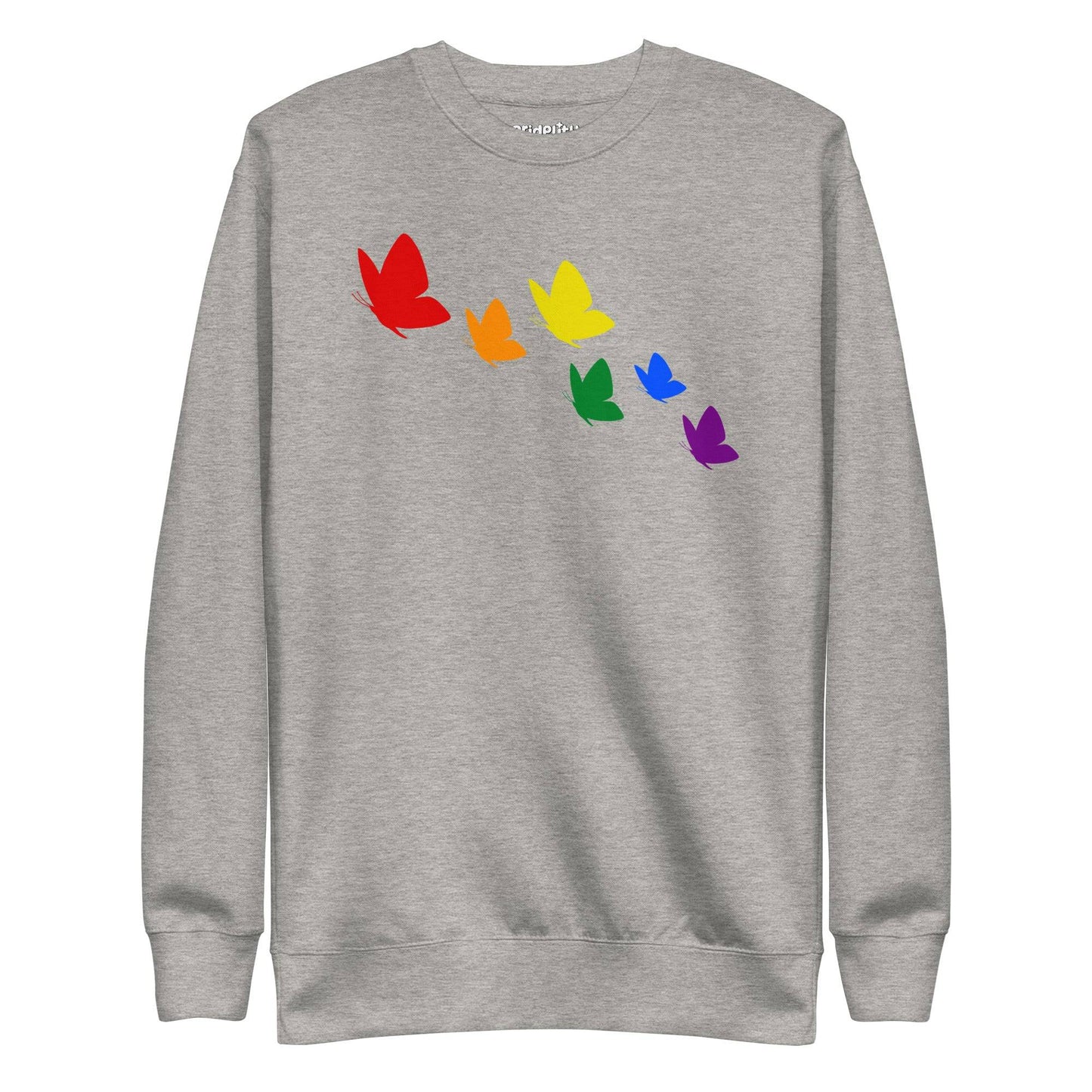 Introducing the "Butterflies Sweatshirt" by Pridelity: a white sweatshirt adorned with a striking pride design featuring six butterflies arranged diagonally. Each butterfly displays a unique color—red, orange, yellow, green, blue, and purple—celebrating diversity with its captivating rainbow effect as part of our Pride Collection.