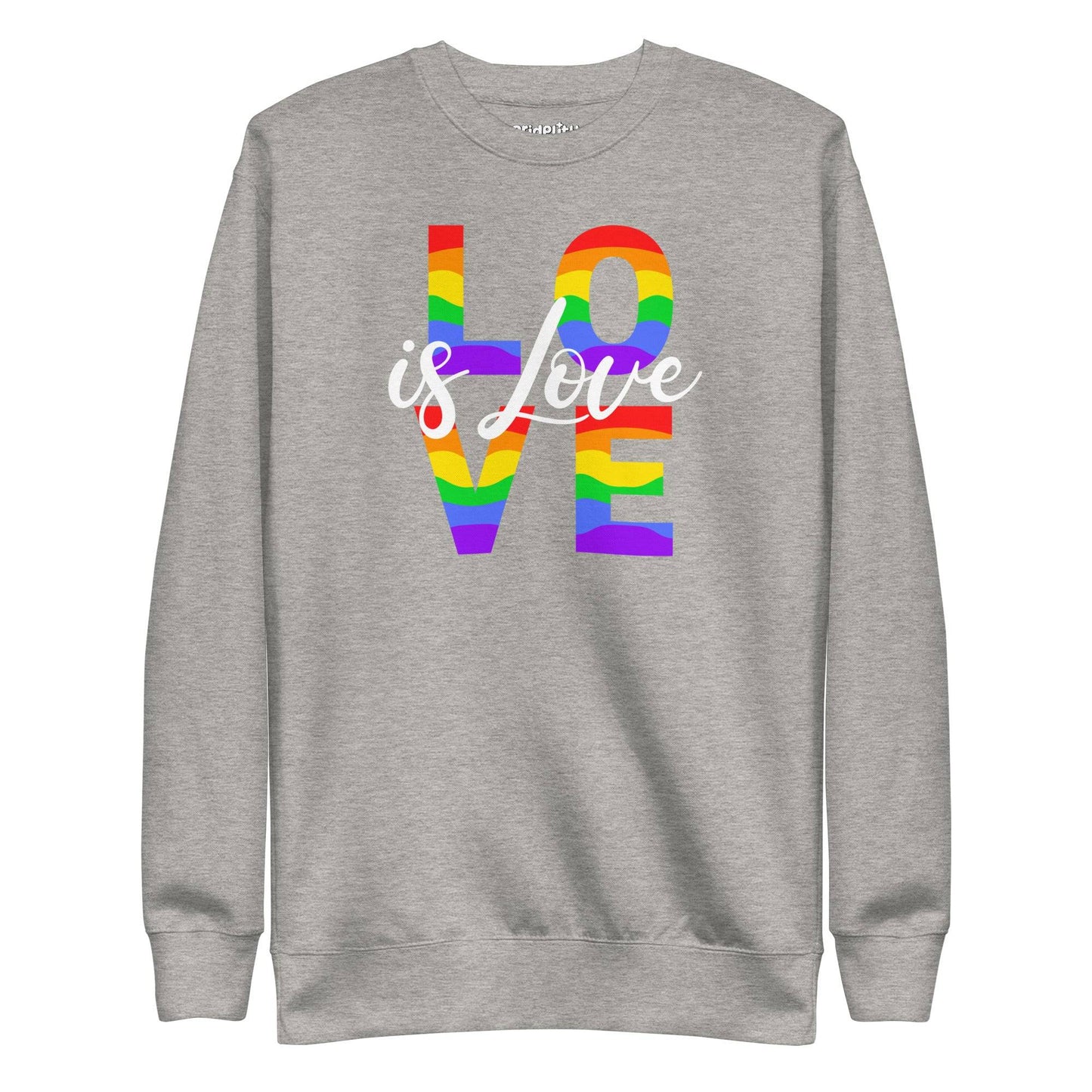 The Love Is Love Sweatshirt by Pridelity boasts a fashionable black design showcasing the empowering message "Love is Love." The word "LOVE" is prominently displayed in large, rainbow-hued letters arranged vertically, capturing the spirit of rainbow apparel. The phrase "is Love" is gracefully scripted in smaller white cursive across the center for added elegance.