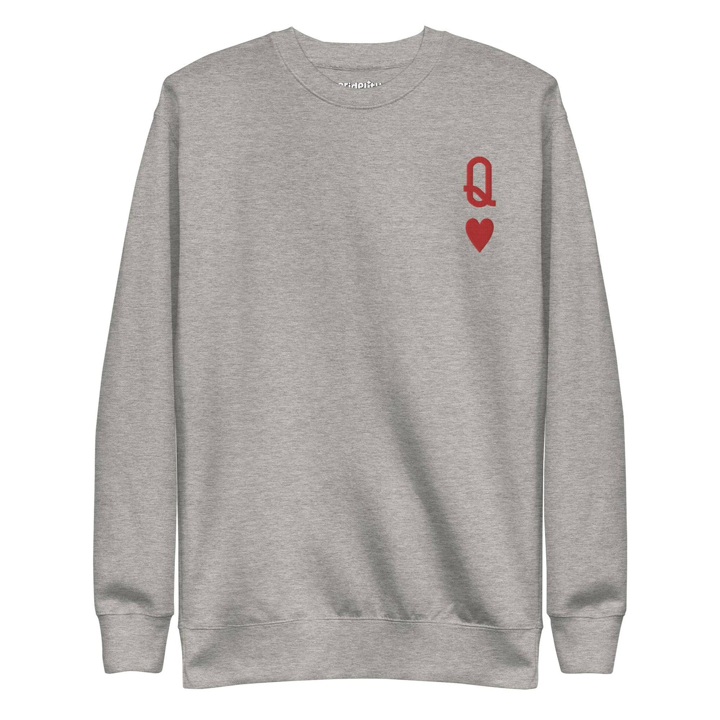 Introducing the Queen of Hearts Sweatshirt by Pridelity: This black sweatshirt is part of our pride collection and showcases a small red Queen of Hearts symbol on the upper left chest. The design, featuring a "Q" above a heart, offers a subtle yet bold addition to your pride ensemble.