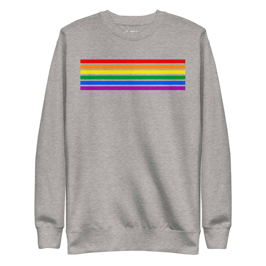 Carbon Grey Rainbow Stripes Sweatshirt by Pridelity, featuring vibrant horizontal stripes in red, orange, yellow, green, blue, and purple across the chest—a standout piece from our pride collection.