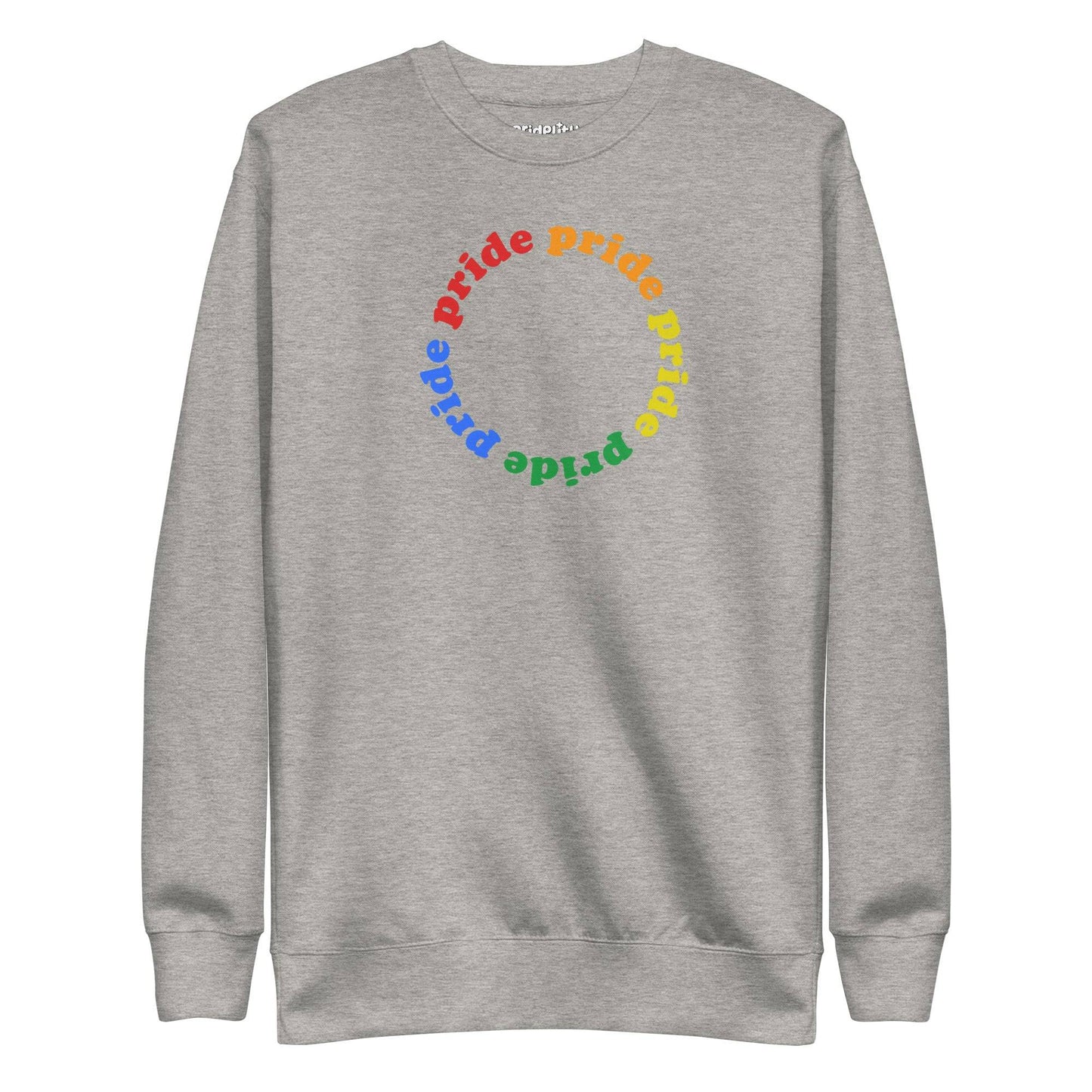 The Pridelity Pride Circle Sweatshirt displays a circular pattern with the word "pride" in eye-catching rainbow colors, making it an ideal addition to any pride ensemble. Available in white.
