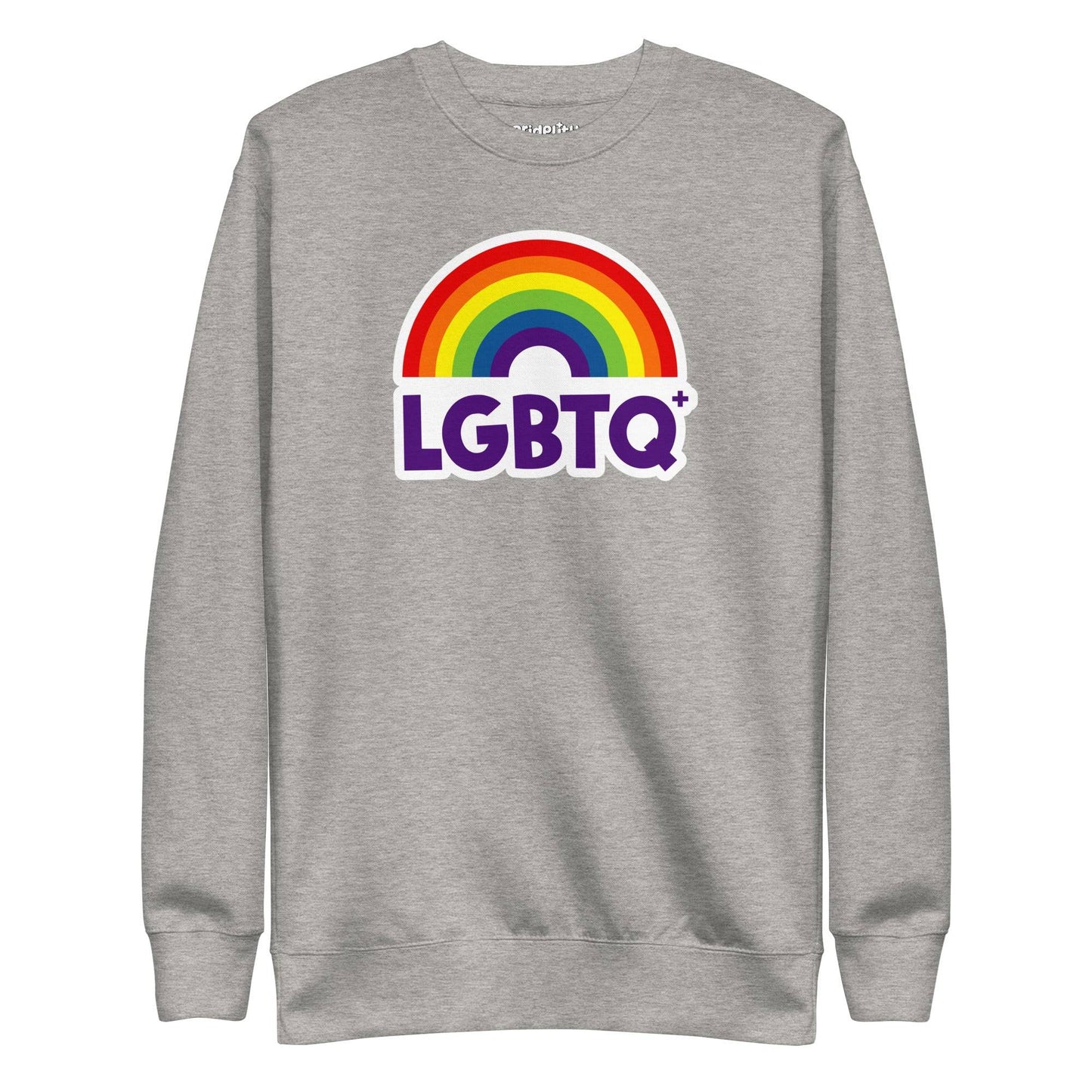 Introducing the Pridelity LGBTQ+ Sweatshirt in black, featuring a dynamic rainbow design with an arc and the word "LGBTQ+" in bold purple lettering.