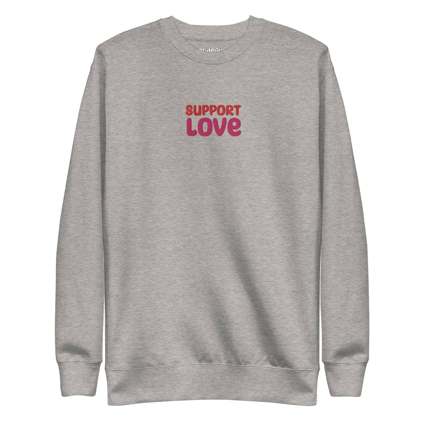 Dusty rose sweatshirt from Pridelity featuring "SUPPORT LOVE" in bold, purple lettering on the front. As part of our pride collection, this simple yet central design makes a proud statement.