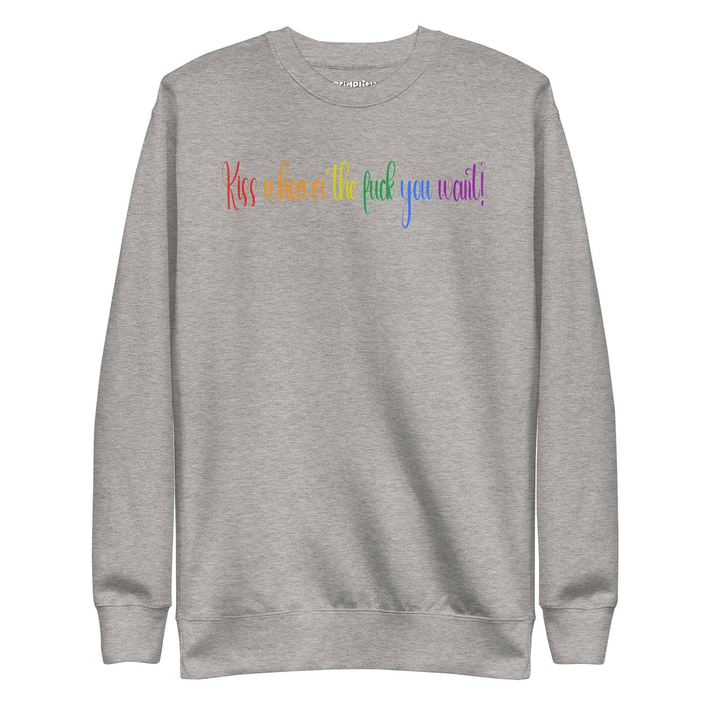 The black "Kiss Whoever The F*ck You Want" sweatshirt by Pridelity features vibrant rainbow text, making it a bold statement piece for those who cherish love and individuality. Add this splash of pride to your wardrobe today!