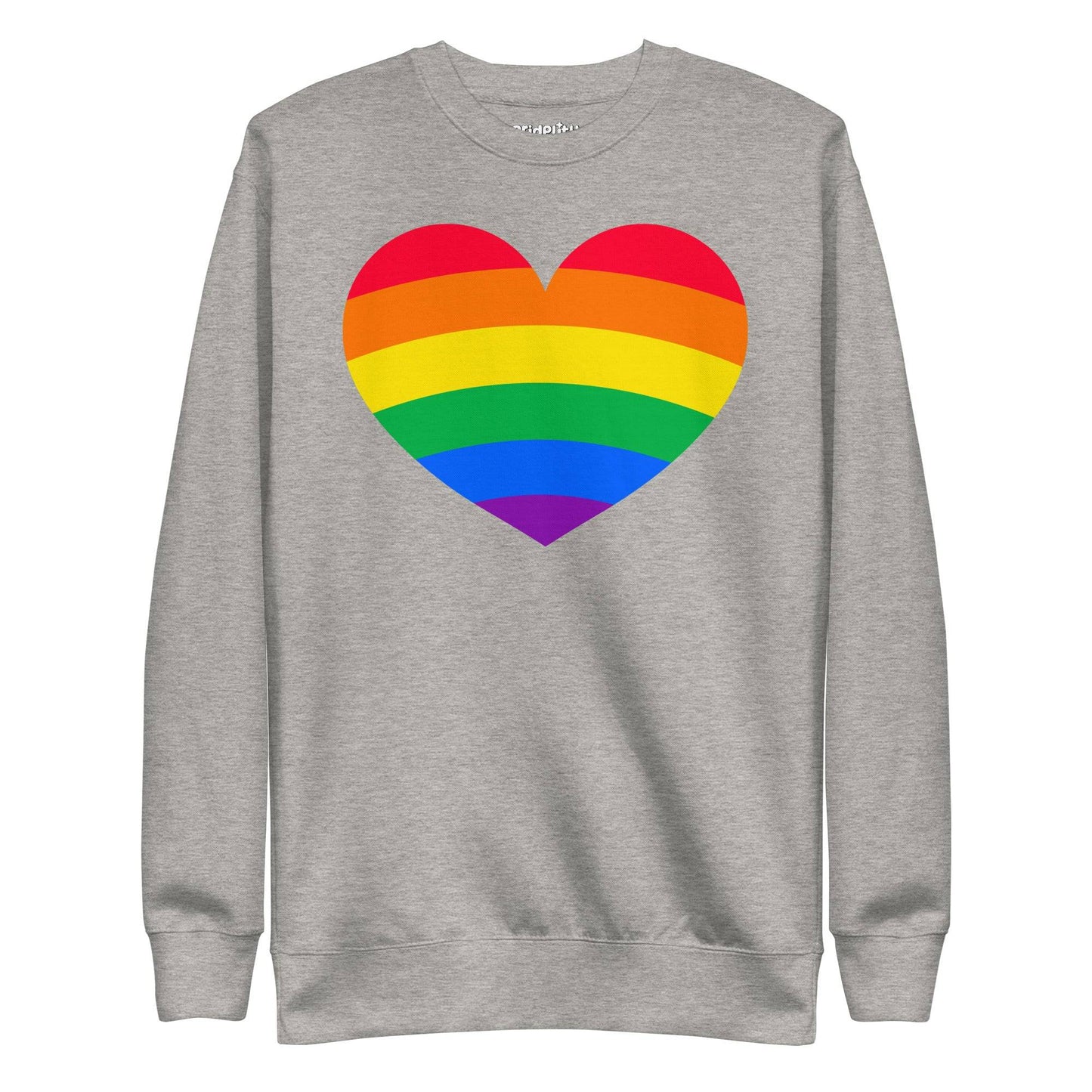The Big Heart Sweatshirt by Pridelity from the Pride Collection showcases a large heart design with rainbow stripes, symbolizing LGBTQ+ pride. This vibrant heart design beautifully contrasts with the gray fabric background.