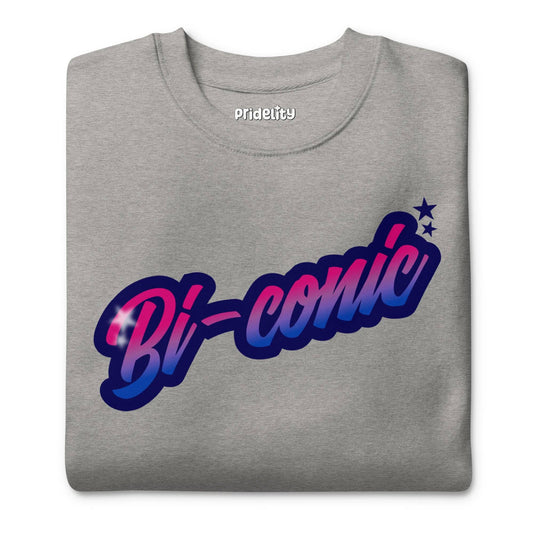 This exclusive Pride Merch piece, the Bi-Conic Sweatshirt by Pridelity, features a gray design with "Bi-conic" in a stylized pink and blue gradient text on the front, highlighted by a small star, celebrating identity with style and flair.
