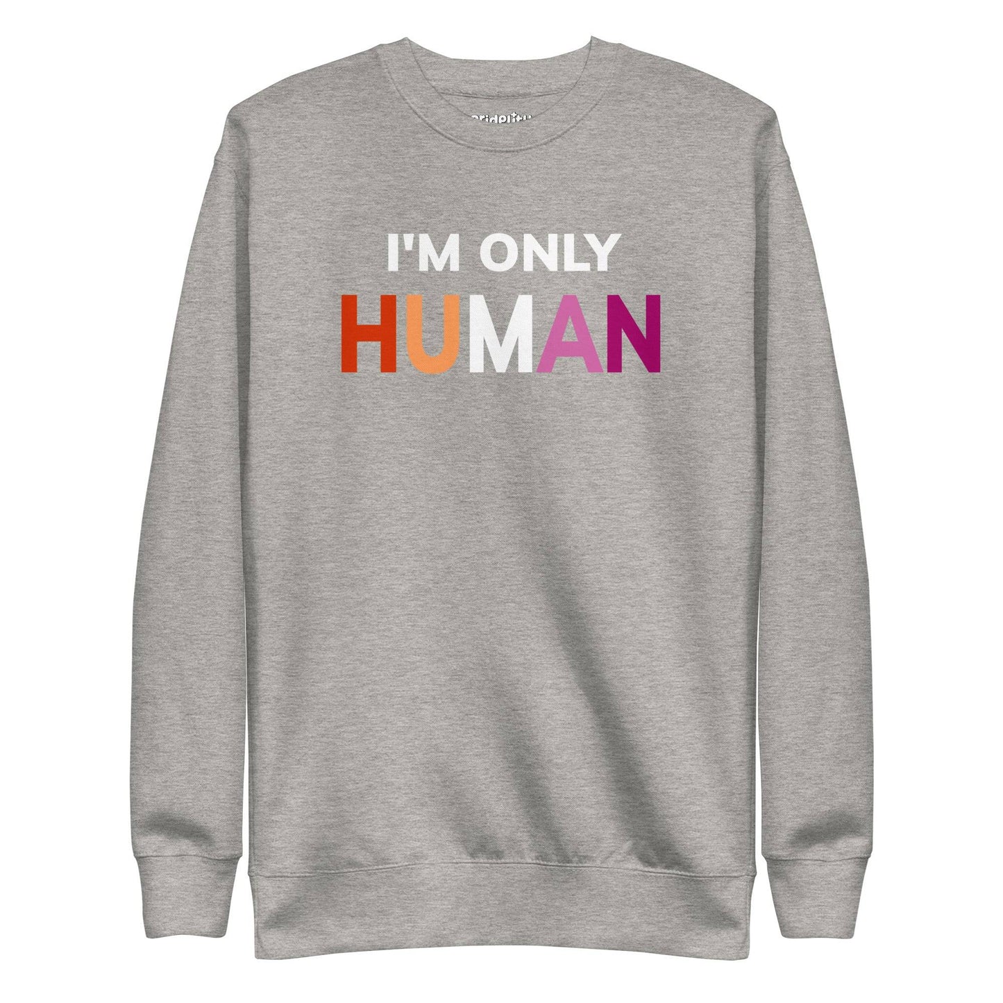 Introducing the "I'm Only Human" Sweatshirt by Pridelity—a black garment emblazoned with the phrase "I'M ONLY HUMAN" in striking white letters, enhanced with a lively rainbow color design across the front.