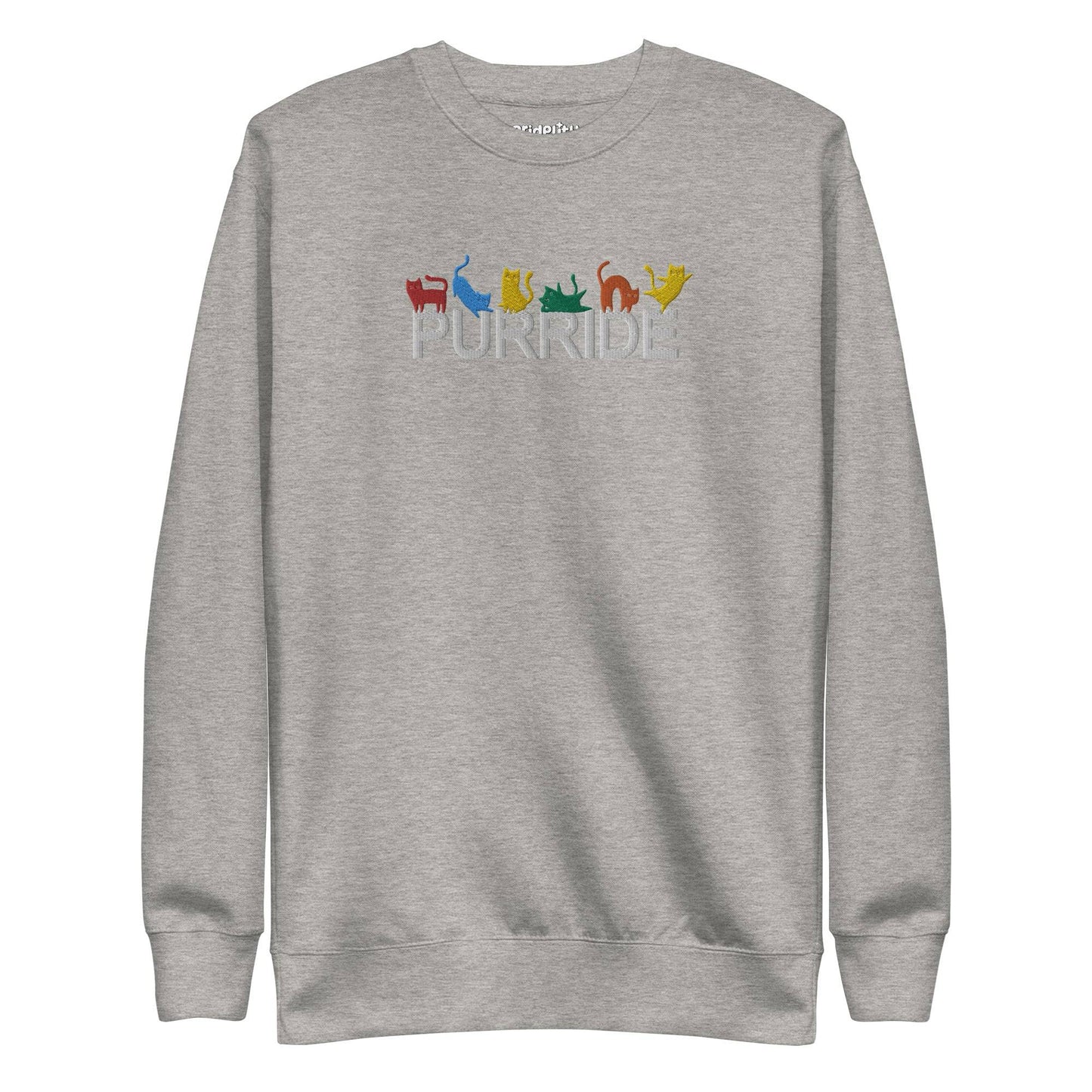 The Purride Sweatshirt by Pridelity is a black sweatshirt from the pride collection, showcasing the word "PURRIDE" across the chest. Above this, colorful silhouettes of cats in playful poses represent every shade of the rainbow.