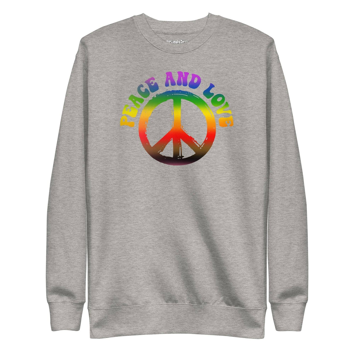 This Pridelity "Peace & Love" Sweatshirt in white showcases a vibrant rainbow "Peace and Love" text over a large peace symbol with gradient colors.