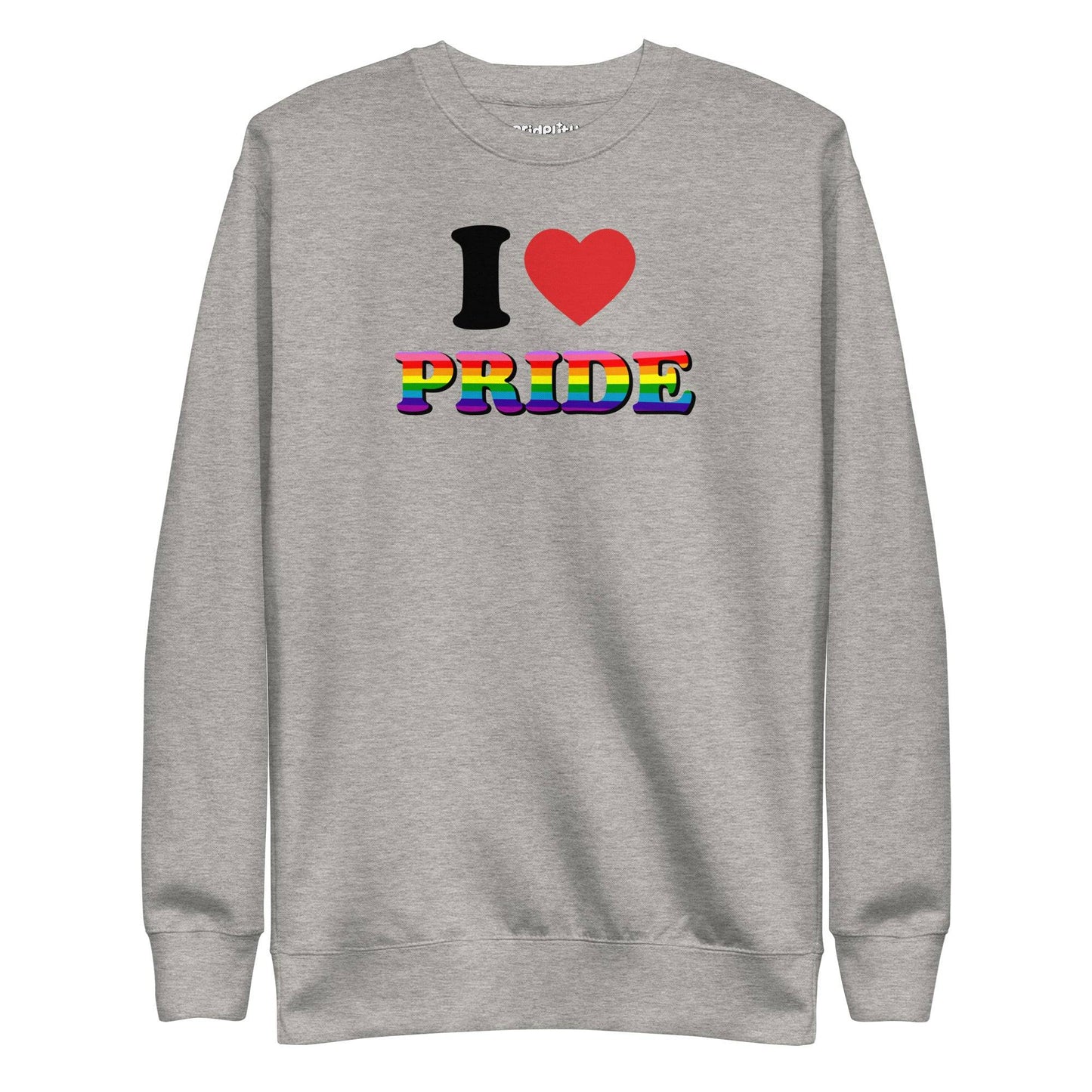 Pridelity's "I Love Pride Sweatshirt" is a white garment showcasing "I ♥ PRIDE" emblazoned on the front. The heart is a vivid red, and the word "PRIDE" is highlighted in bold letters with a dynamic rainbow gradient, making it an ideal piece for your rainbow clothing collection.