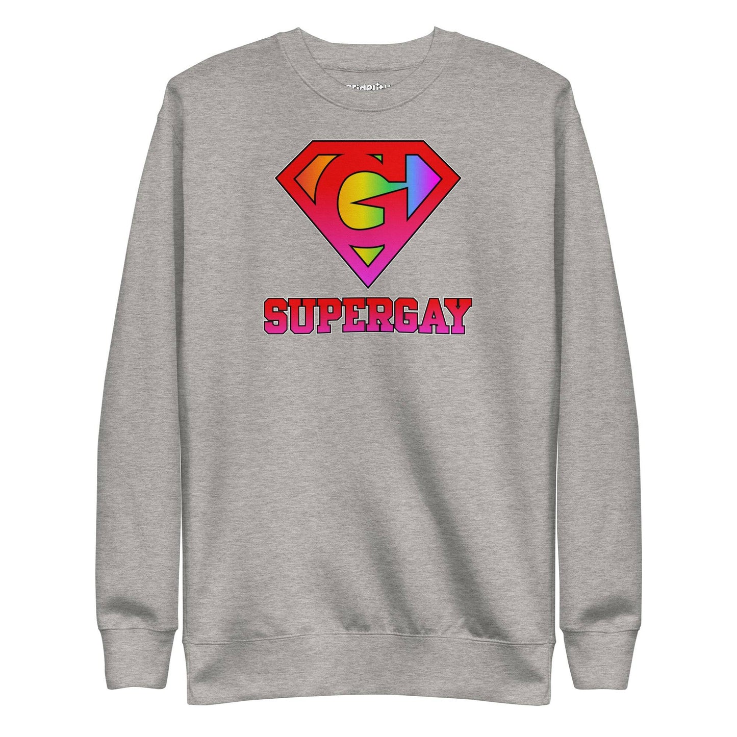 Introducing the Supergay Sweatshirt from Pridelity: a dusty rose sweatshirt featuring a stylized rainbow "S" emblem and a bold "SUPERGAY" print, perfect for adding to your pride collection.