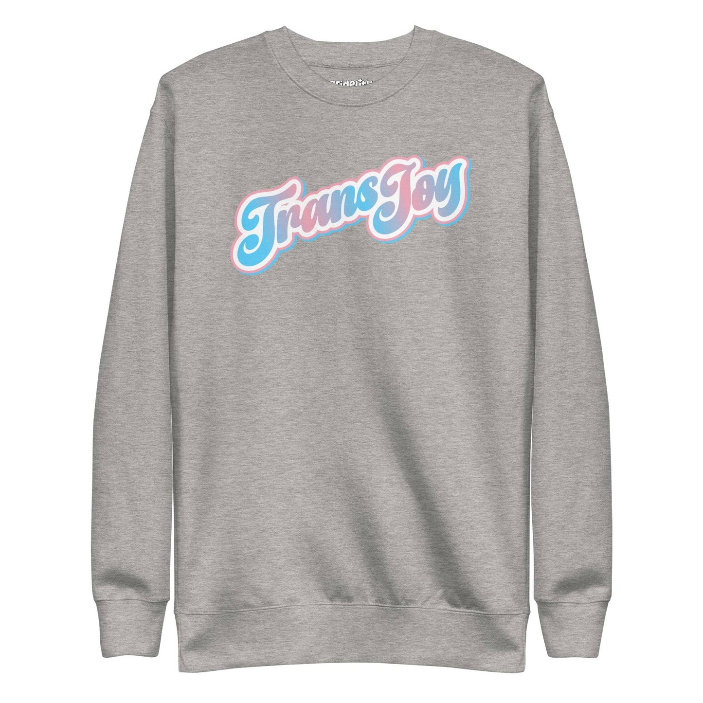 Introducing the Trans Joy Sweatshirt by Pridelity, a white sweatshirt from our pride collection adorned with the words "Trans Joy" in elegant blue and pink lettering across the chest.