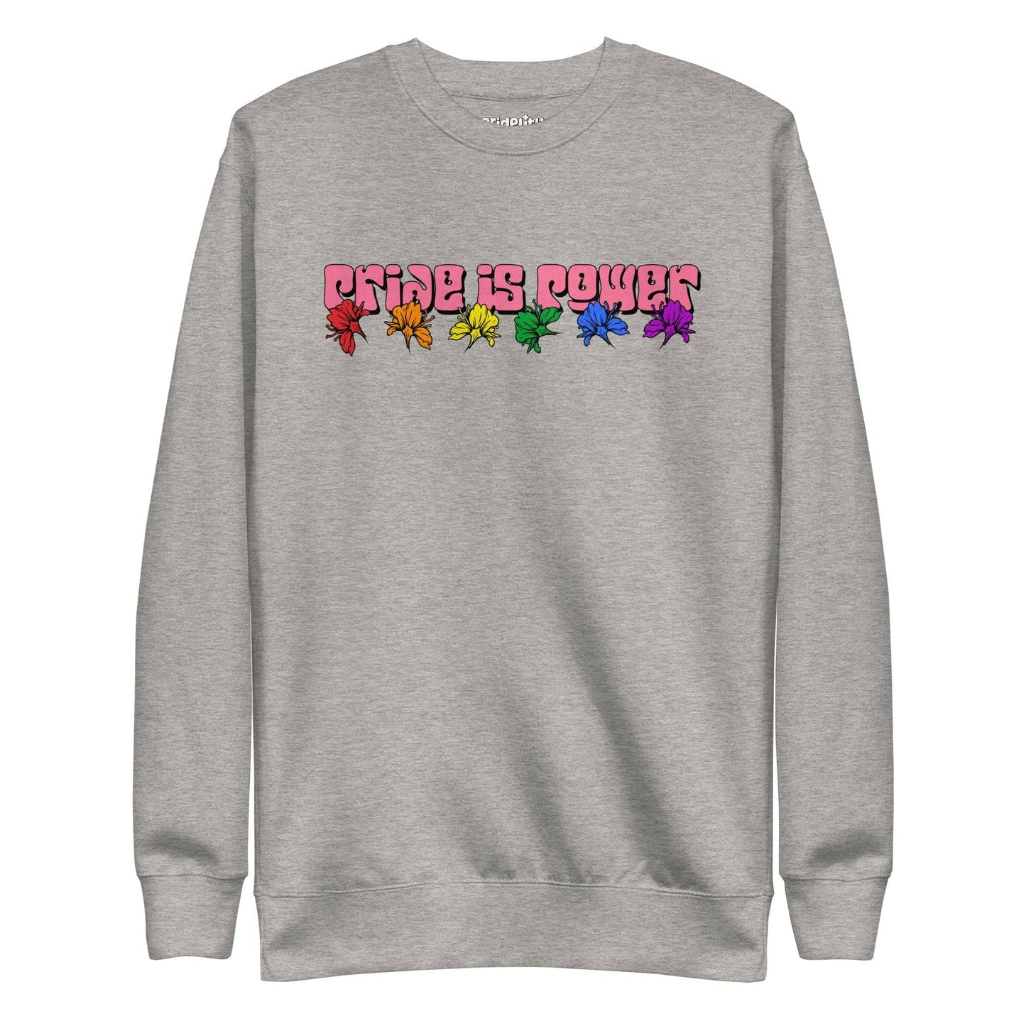Introducing the "Pride Is Power Sweatshirt" by Pridelity, a black sweatshirt that features the phrase "PRIDE IS POWER" in eye-catching gradient letters. Below, six rainbow-colored butterflies symbolize diversity and pride, making it a standout piece from our pride collection.
