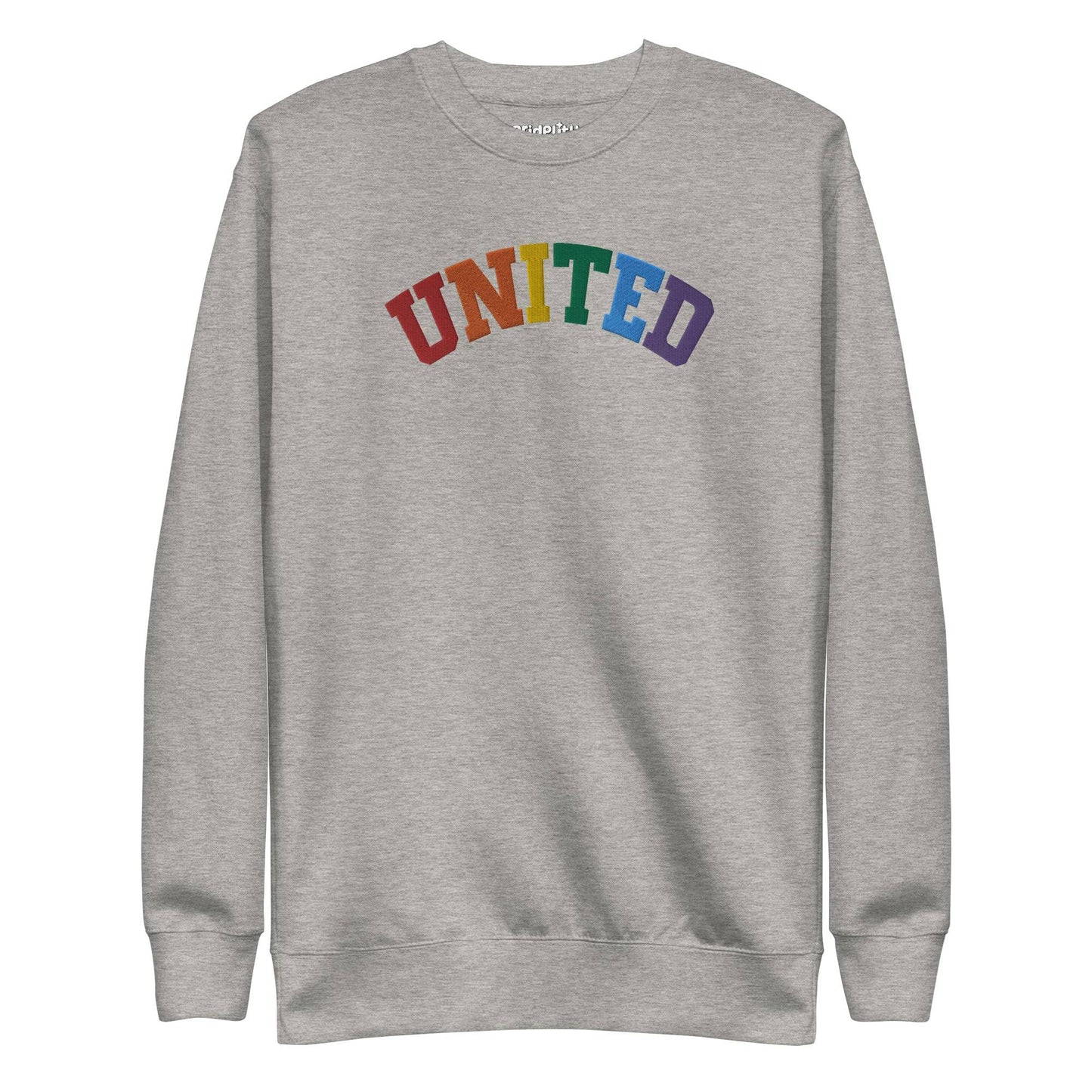 The United Sweatshirt from Pridelity's pride collection is a black design showcasing the word "UNITED" arced across the chest, with each letter in a different color to form a vibrant rainbow pattern. It features long sleeves and a crew neck, making it an ideal pride outfit for any occasion.