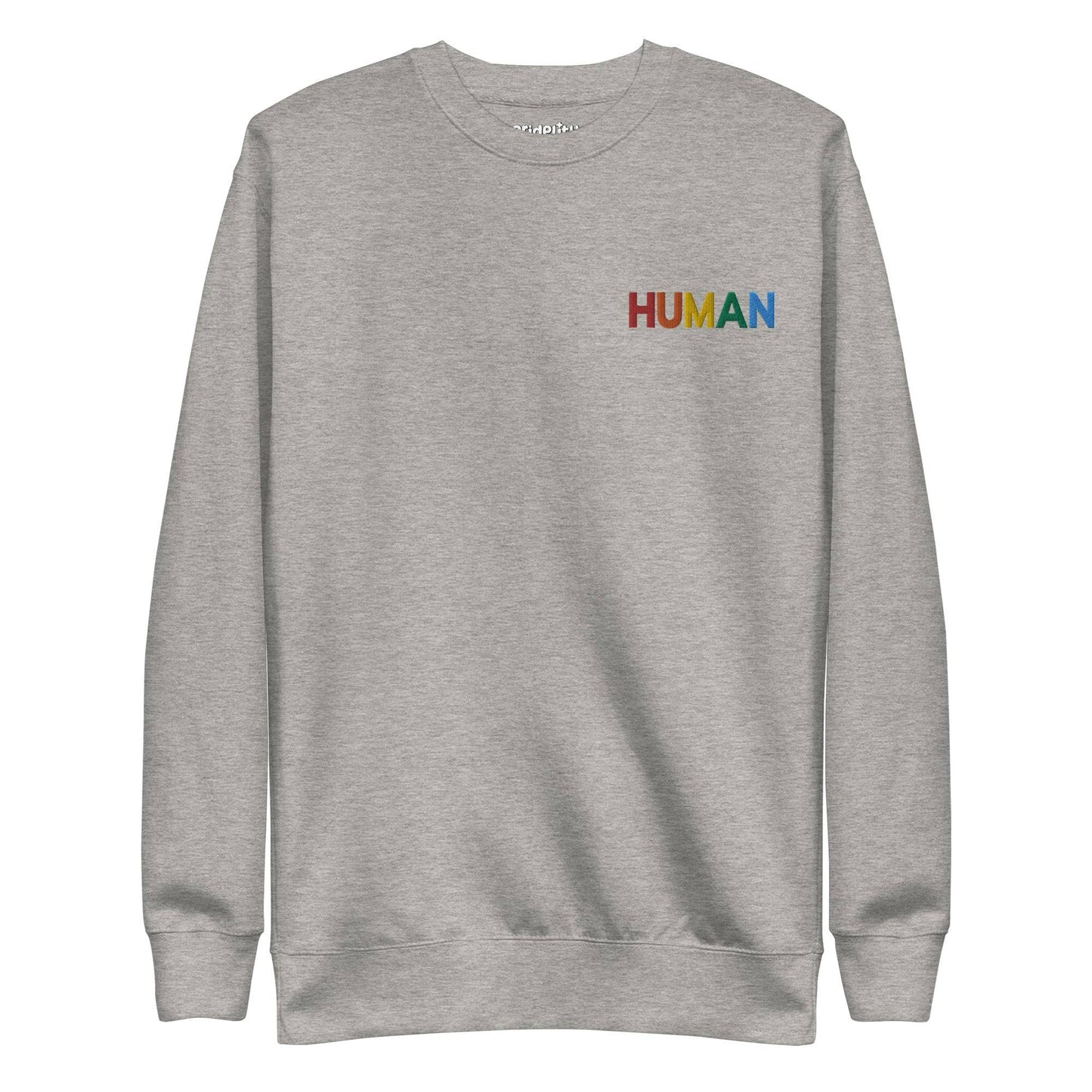 The crisp white "Human Sweatshirt" by Pridelity features the word "HUMAN" emblazoned across the chest in vibrant rainbow colors, making it a perfect statement piece for rainbow clothing enthusiasts. The brand name, Pridelity, is discreetly showcased on the collar, adding a subtle touch of identity to this chic sweatshirt.