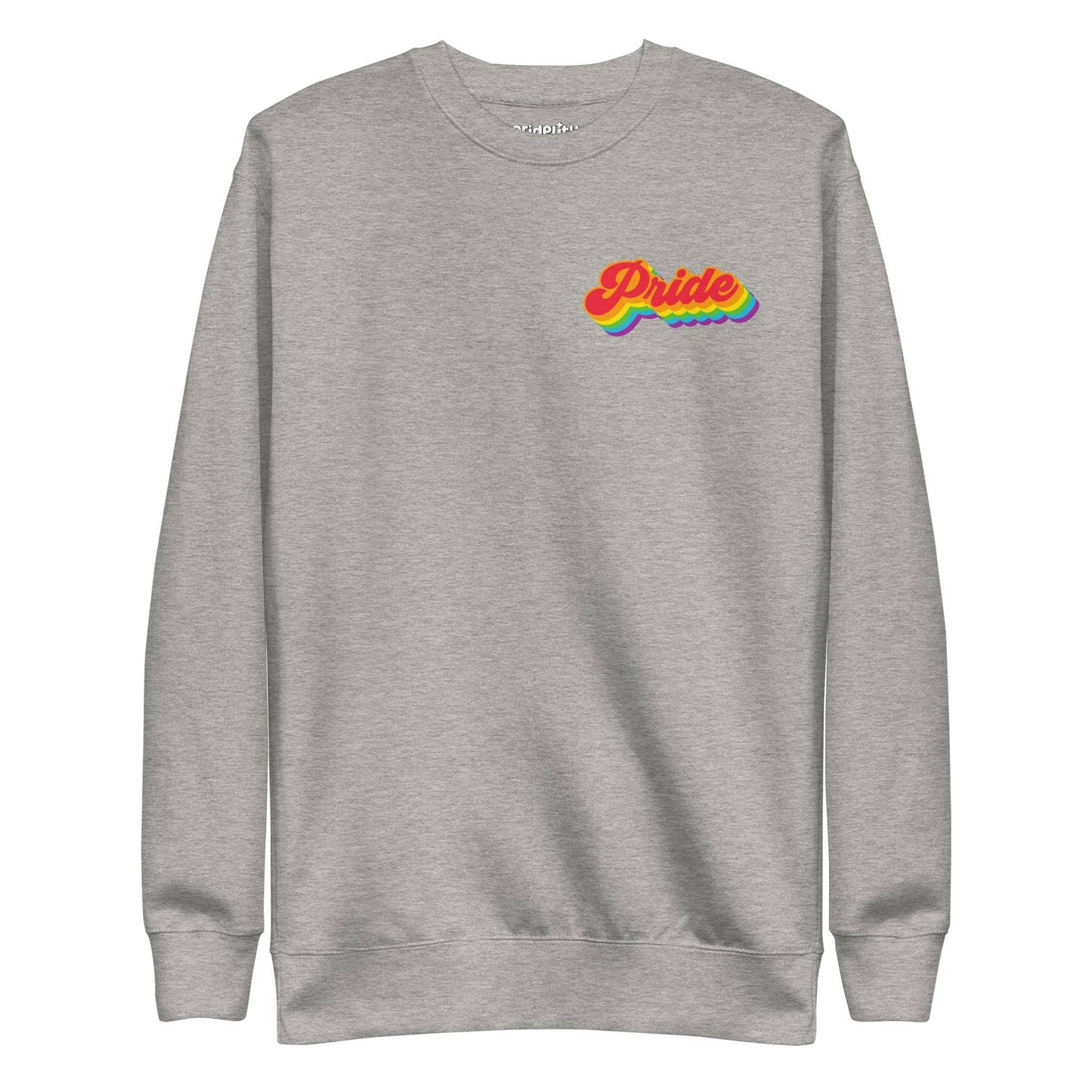 Introducing the Pride Sweatshirt by Pridelity, a standout from the pride collection. This white sweatshirt features "Pride" in bold, vibrant rainbow letters across the chest, styled in a retro font with a curved underline. Designed for comfort, it offers a relaxed fit with ribbed cuffs and waistband—ideal for your pride outfit.