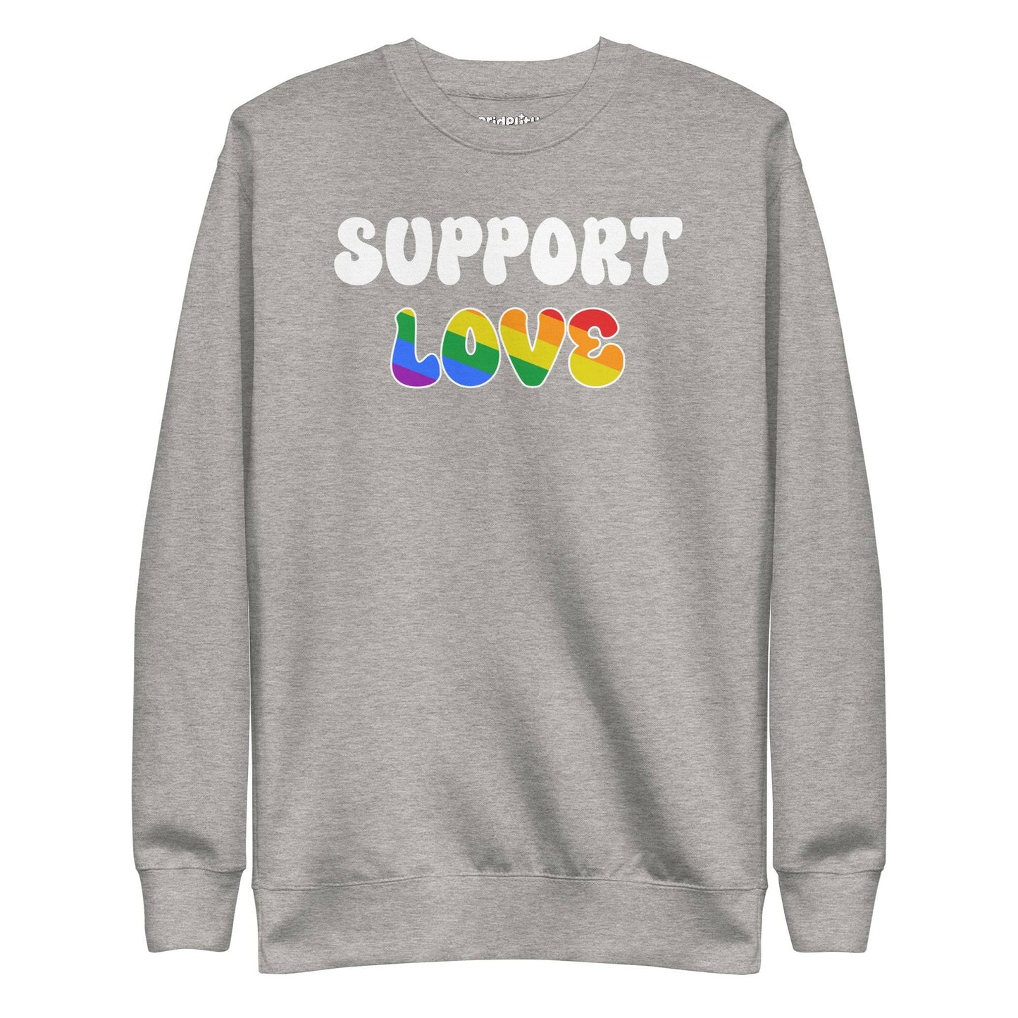 The black "Support Love Sweatshirt" from Pridelity's pride collection showcases "SUPPORT LOVE" on the front, with the word "LOVE" beautifully exploding in rainbow colors to symbolize diversity and inclusion. The striking design is a must-have piece for any pride outfit, standing out boldly against its plain background.