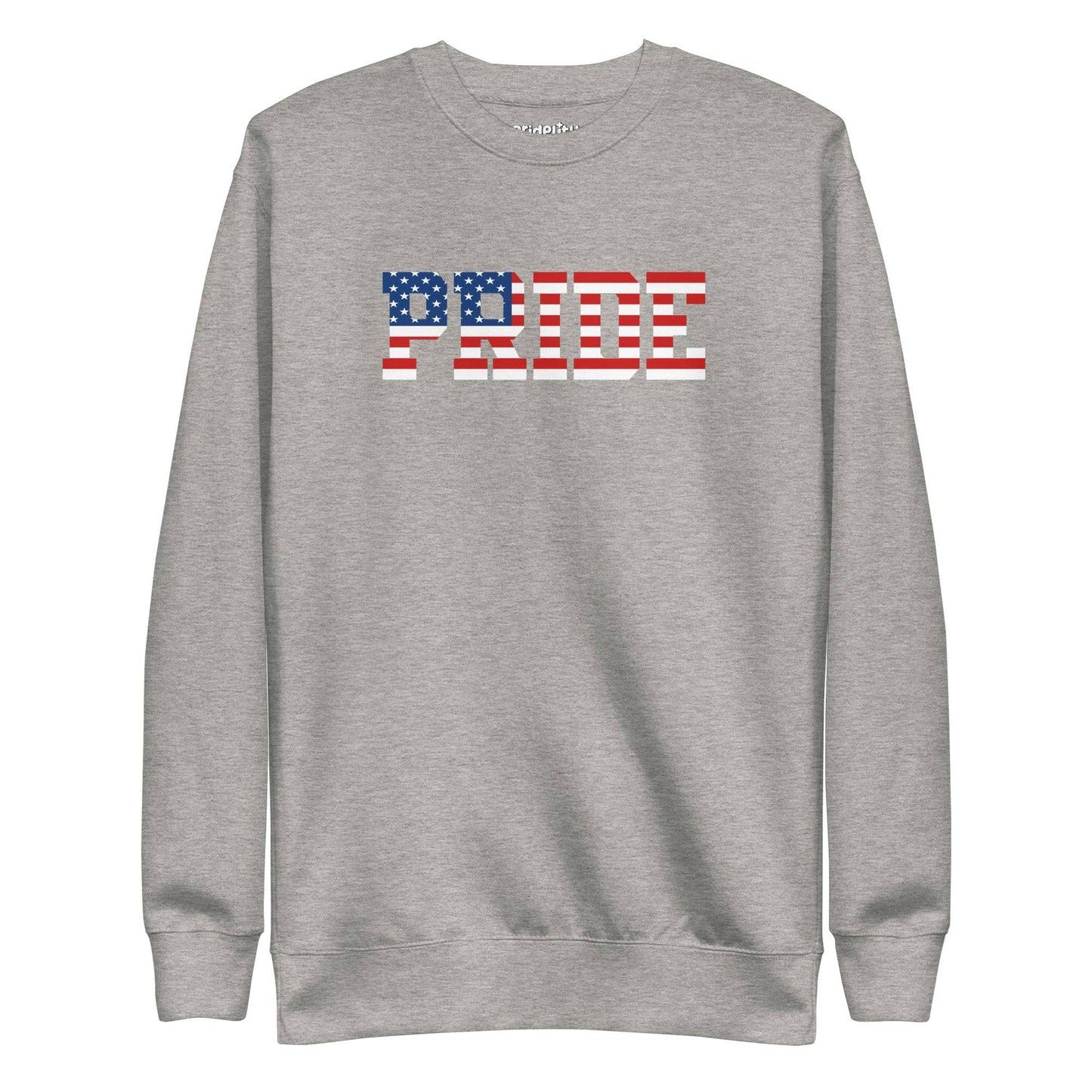 The American Pride Sweatshirt by Pridelity showcases "PRIDE" in an American flag pattern on the chest, featuring stars and stripes that reflect the essence of the USA flag. This bold and colorful design creates a striking contrast against the black fabric.