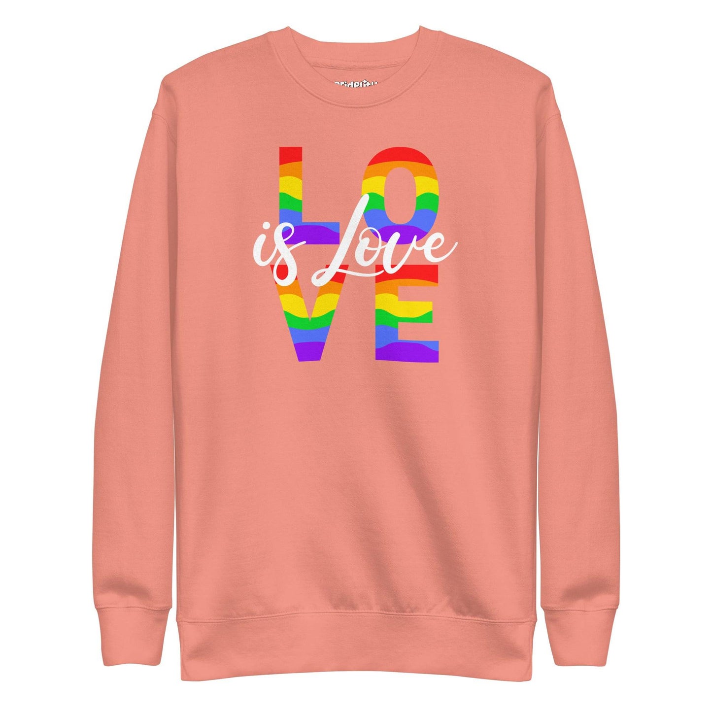 The Love Is Love Sweatshirt by Pridelity boasts a fashionable black design showcasing the empowering message "Love is Love." The word "LOVE" is prominently displayed in large, rainbow-hued letters arranged vertically, capturing the spirit of rainbow apparel. The phrase "is Love" is gracefully scripted in smaller white cursive across the center for added elegance.