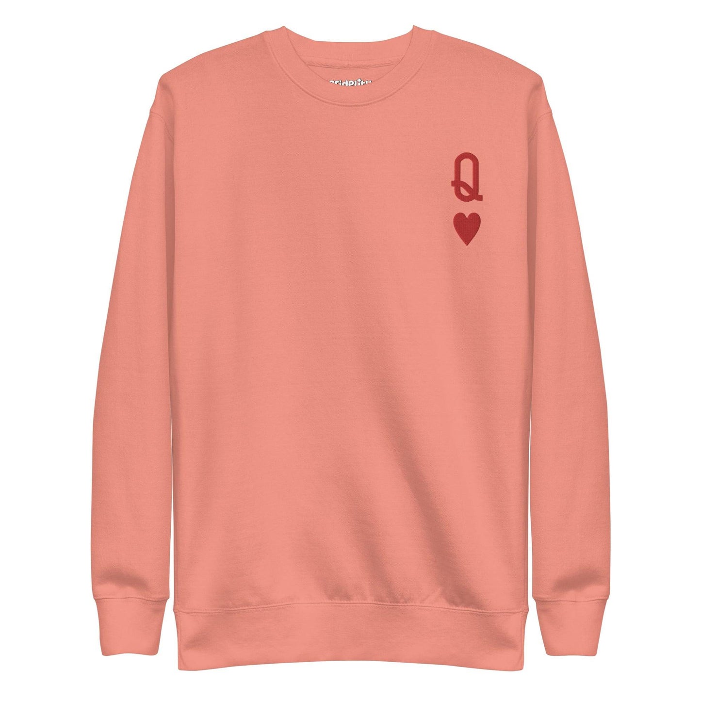 Introducing the Queen of Hearts Sweatshirt by Pridelity: This black sweatshirt is part of our pride collection and showcases a small red Queen of Hearts symbol on the upper left chest. The design, featuring a "Q" above a heart, offers a subtle yet bold addition to your pride ensemble.