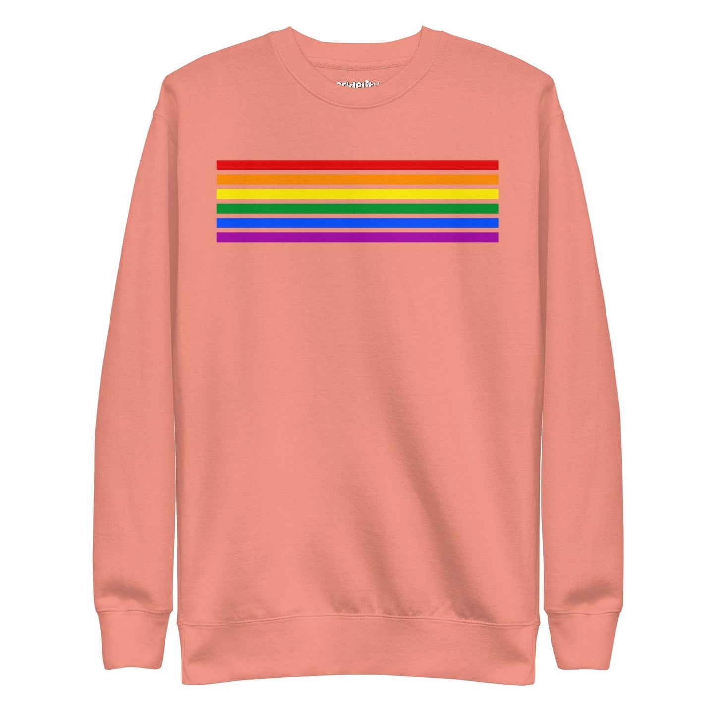 Carbon Grey Rainbow Stripes Sweatshirt by Pridelity, featuring vibrant horizontal stripes in red, orange, yellow, green, blue, and purple across the chest—a standout piece from our pride collection.