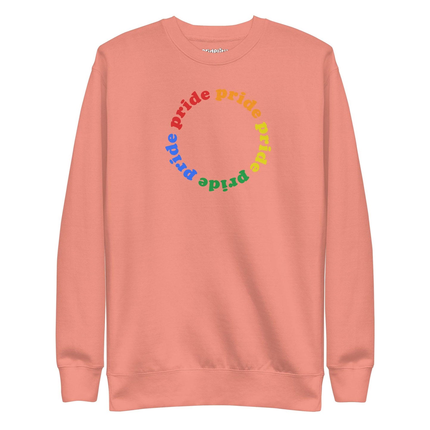 The Pridelity Pride Circle Sweatshirt displays a circular pattern with the word "pride" in eye-catching rainbow colors, making it an ideal addition to any pride ensemble. Available in white.