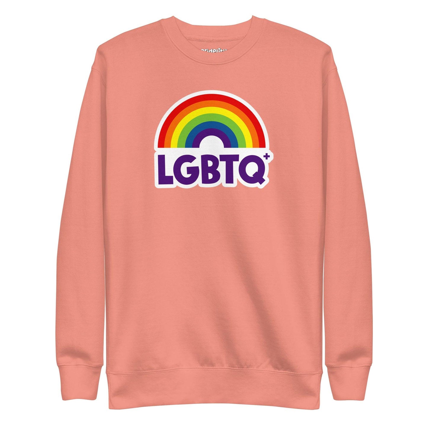Introducing the Pridelity LGBTQ+ Sweatshirt in black, featuring a dynamic rainbow design with an arc and the word "LGBTQ+" in bold purple lettering.