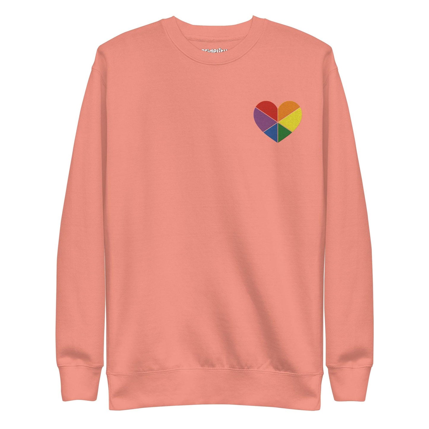 Introducing the Pride Heart Sweatshirt by Pridelity, a white sweatshirt from our pride collection. It showcases a small, multicolored heart graphic on the upper left chest. The heart is divided into sections with rainbow colors, making it an ideal staple for your pride outfit.