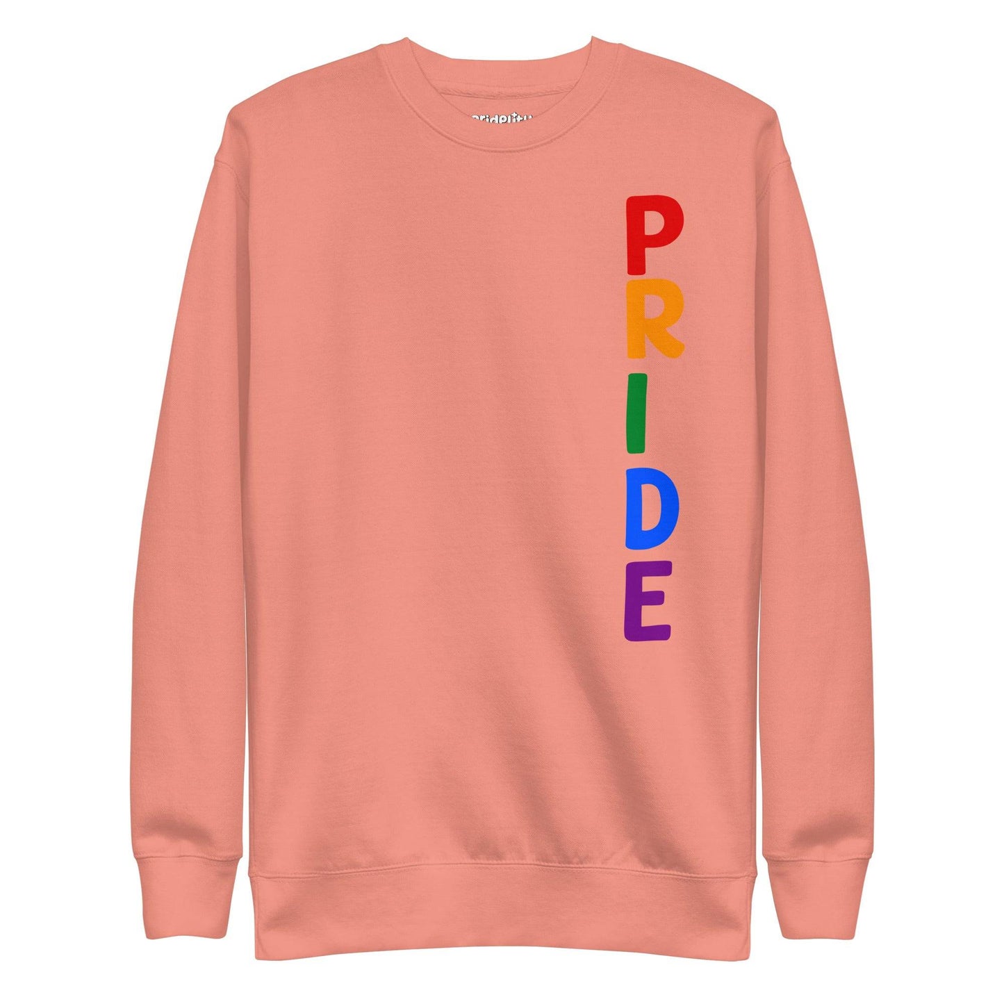 The Vertical Pride Sweatshirt by Pridelity is a white sweatshirt from the pride collection that proudly features the word "PRIDE" in vibrant rainbow colors, arranged vertically along the right side.