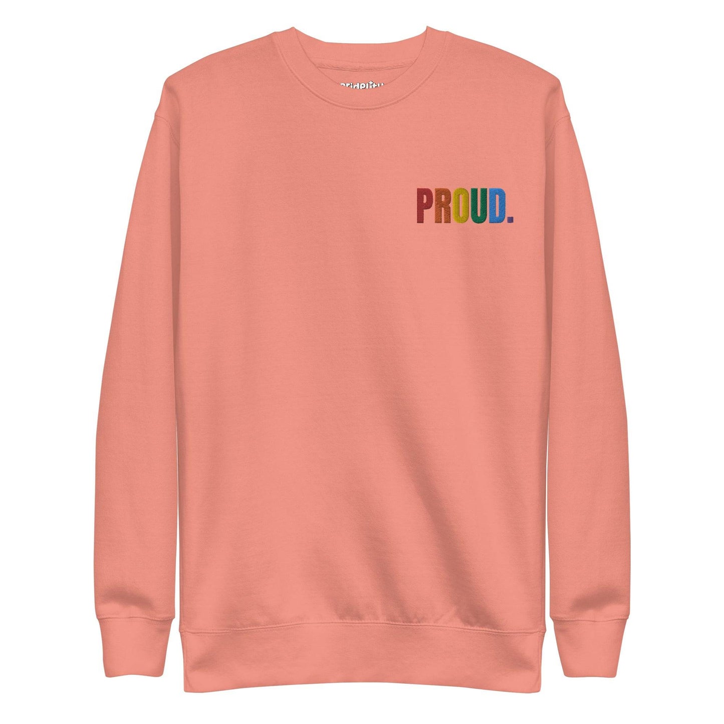 This carbon grey Proud Sweatshirt, part of our pride collection, showcases the word "Proud" embroidered in vibrant rainbow colors across the front. Above it, the brand name "Pridelity" is elegantly displayed in small white text, creating a standout pride outfit.