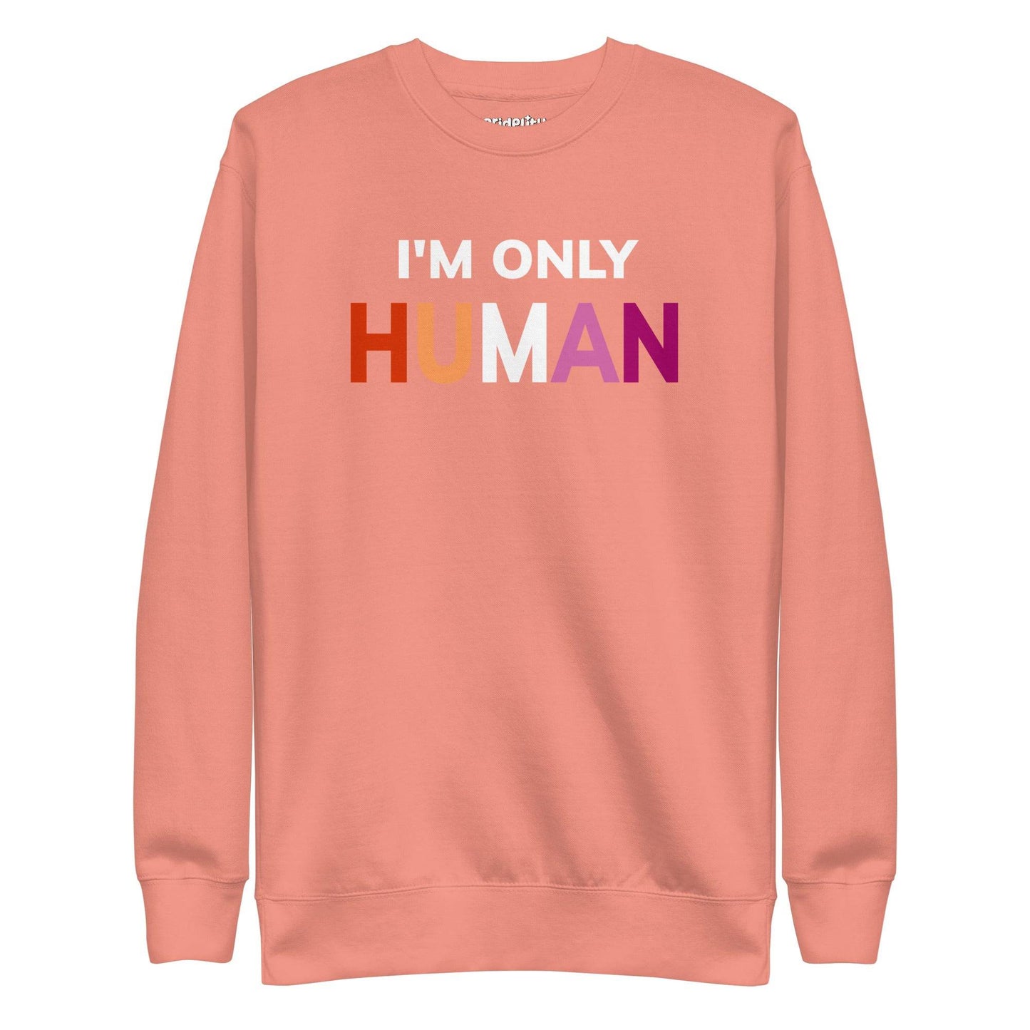 Introducing the "I'm Only Human" Sweatshirt by Pridelity—a black garment emblazoned with the phrase "I'M ONLY HUMAN" in striking white letters, enhanced with a lively rainbow color design across the front.