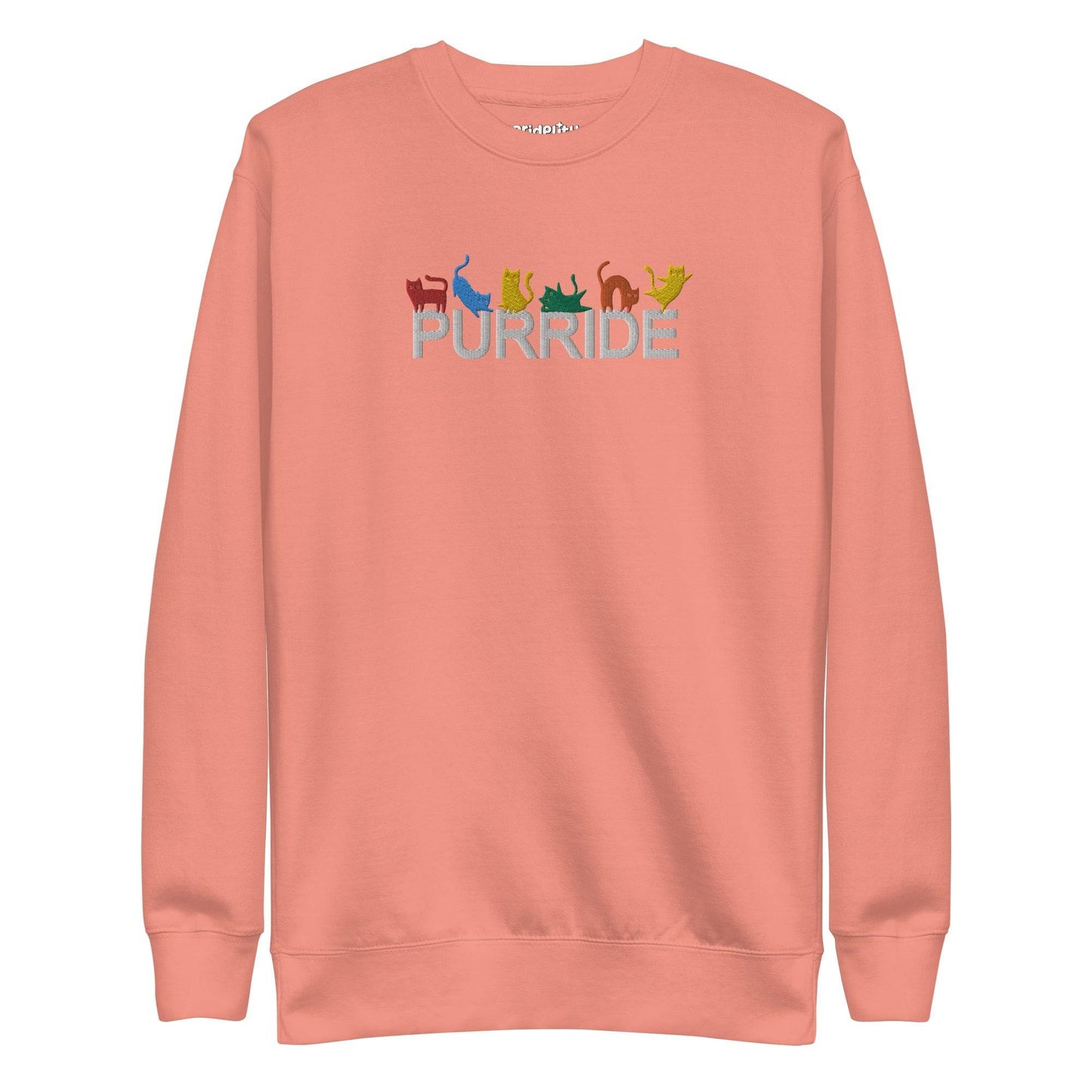 The Purride Sweatshirt by Pridelity is a black sweatshirt from the pride collection, showcasing the word "PURRIDE" across the chest. Above this, colorful silhouettes of cats in playful poses represent every shade of the rainbow.