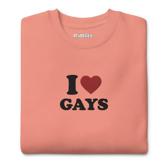 A Dusty Rose sweatshirt from Pridelity, featuring the text "I Love Gays" on the front, perfect for those who adore rainbow-themed attire.