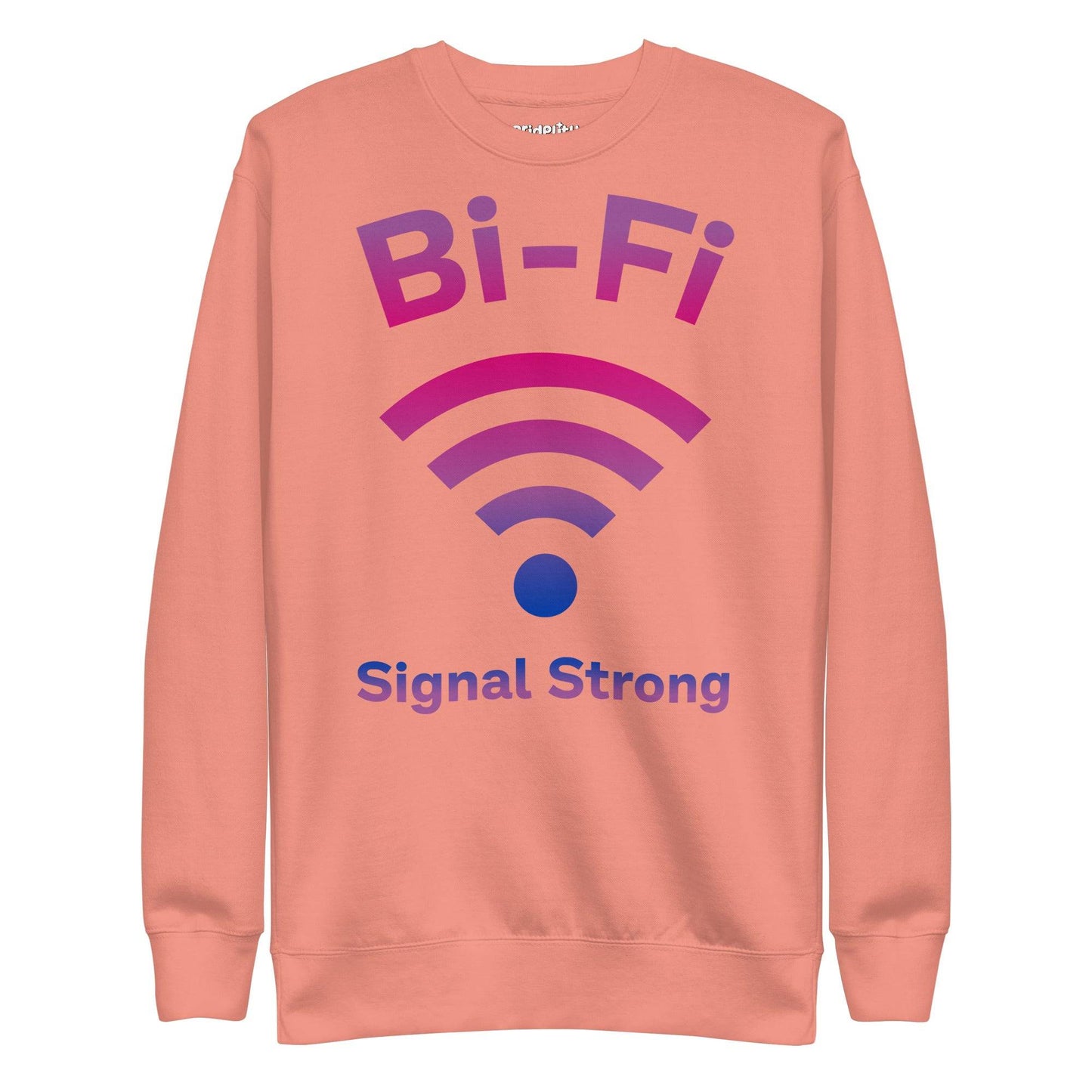 The Bi-Fi Sweatshirt by Pridelity showcases the words "Bi-Fi" in bold gradient pink and purple letters above a Wi-Fi symbol to celebrate Pride. Beneath the symbol, the phrase "Signal Strong" is prominently displayed in blue text, making it an ideal piece for any Pride merchandise collection.