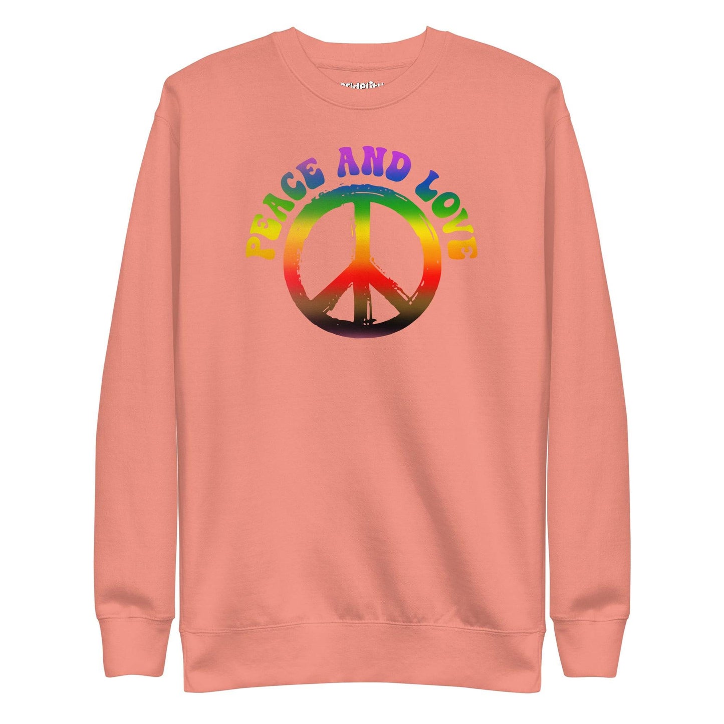 This Pridelity "Peace & Love" Sweatshirt in white showcases a vibrant rainbow "Peace and Love" text over a large peace symbol with gradient colors.