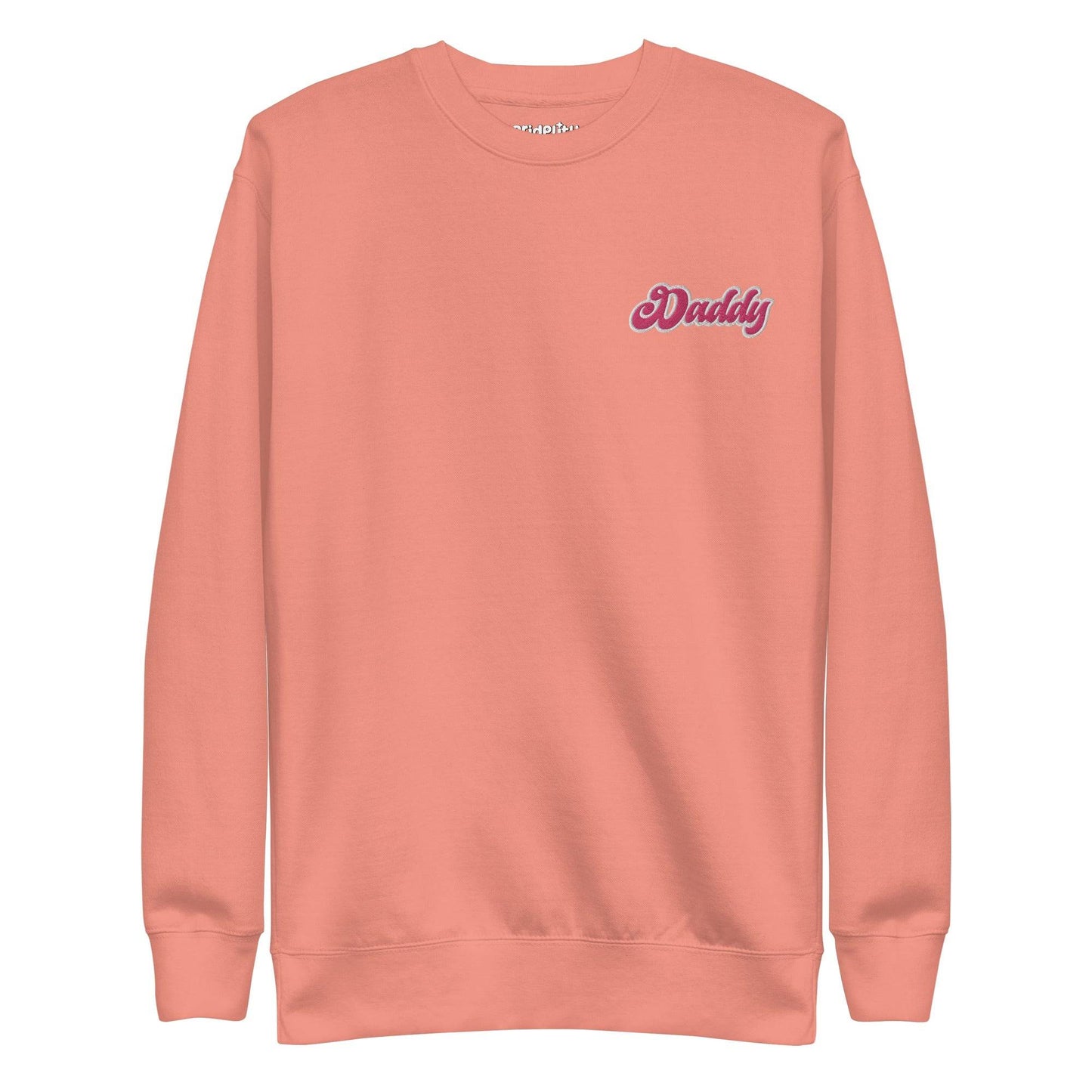 Introducing the "Daddy Sweatshirt" by Pridelity: a sleek black sweatshirt featuring the word "Daddy" beautifully embroidered in pink and white cursive on the left chest area, proudly showcased as part of our Pride Collections.